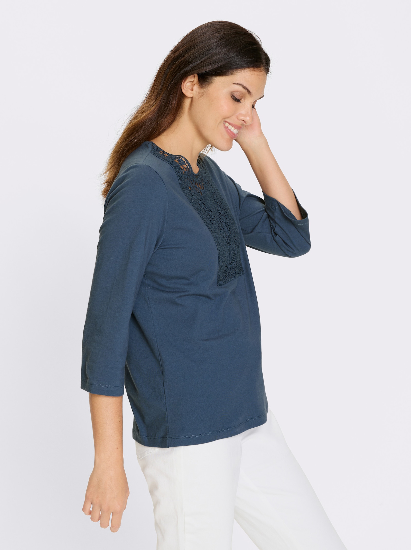 Shirt met 3/4-mouwen en kant bij de hals - rookblauw