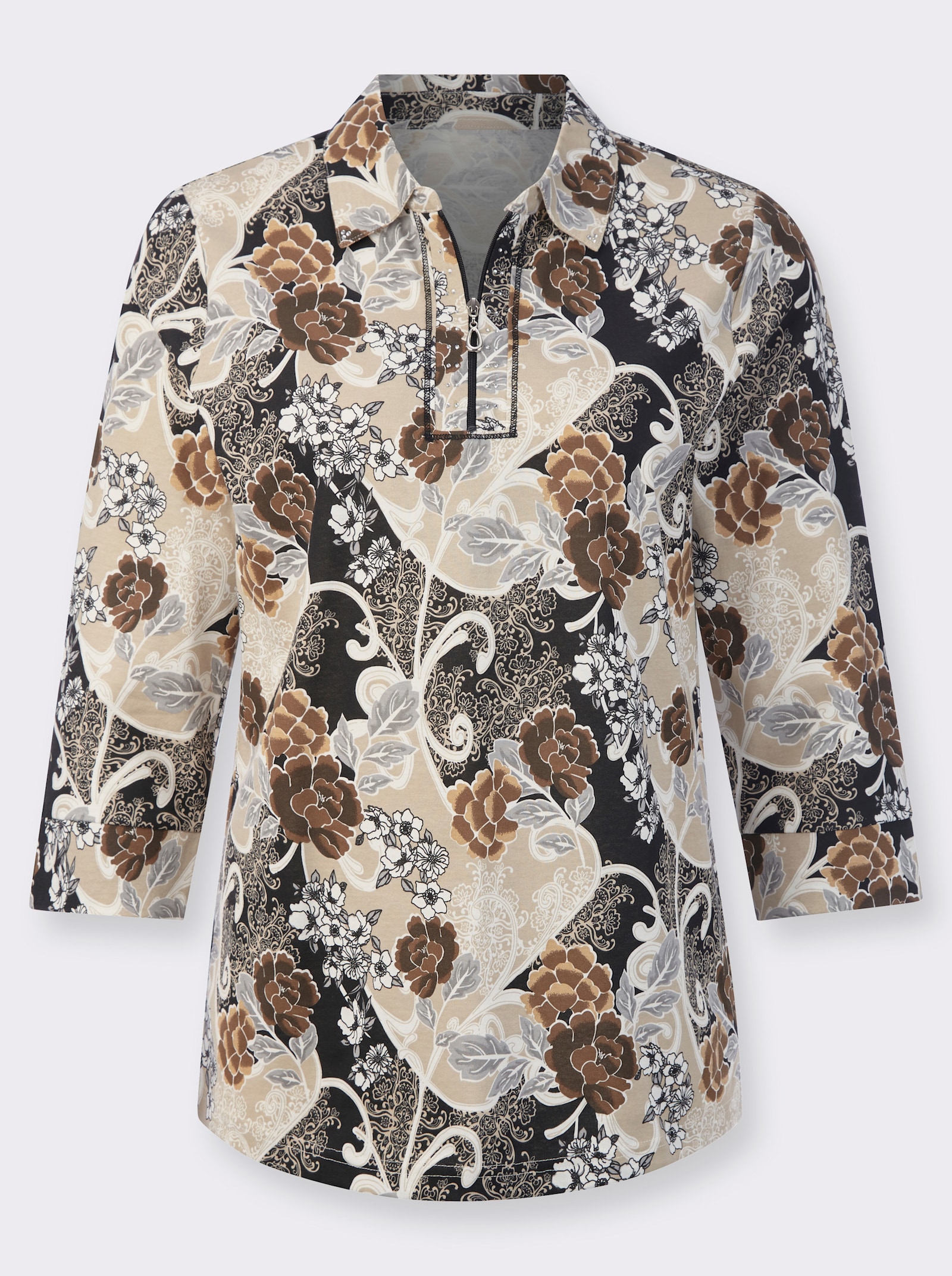 Poloshirt met glittersteentjes - beige/bruin geprint