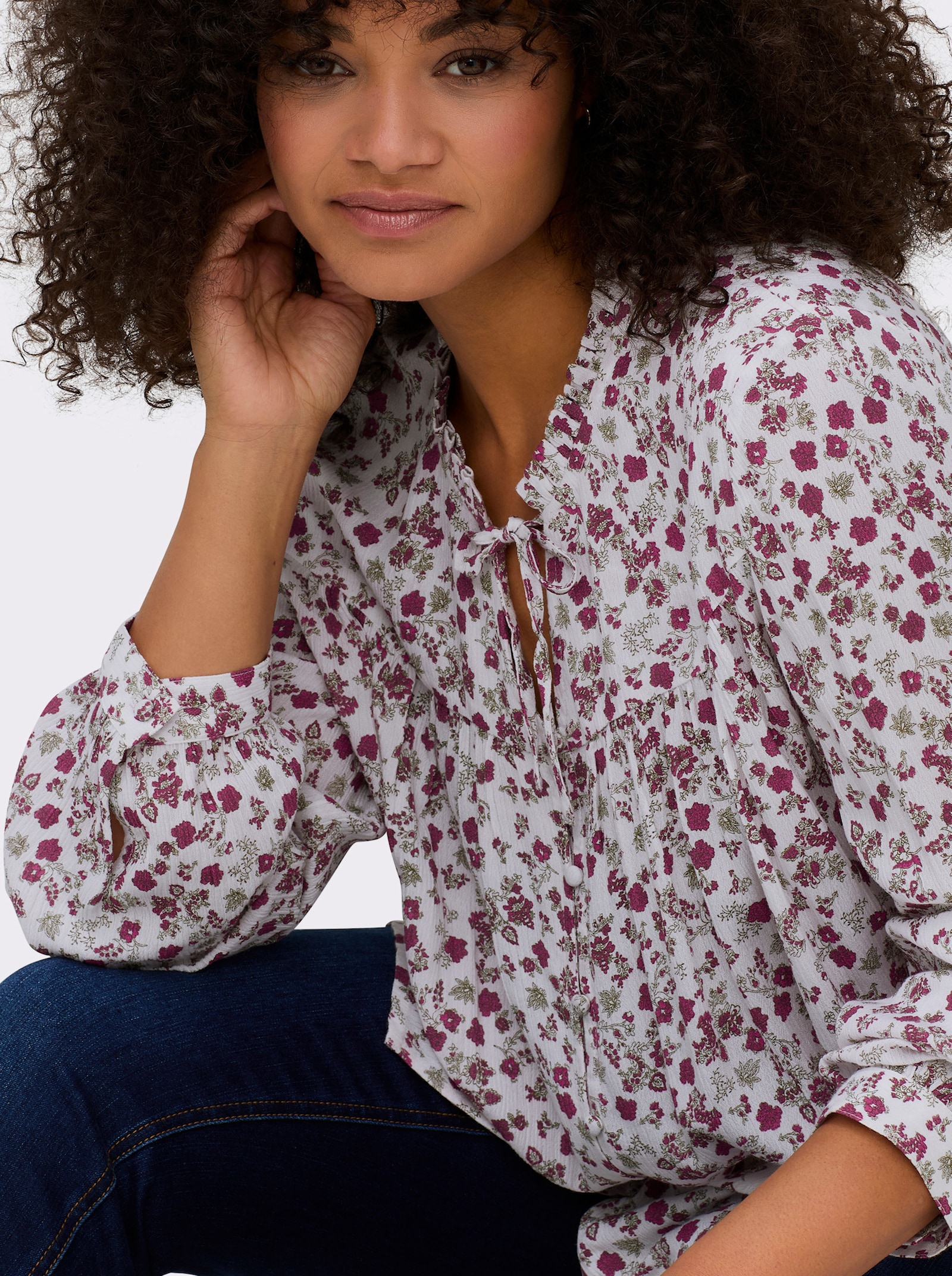 sheego Crêpeblouse met bloemetjesprint - ecru/heide geprint