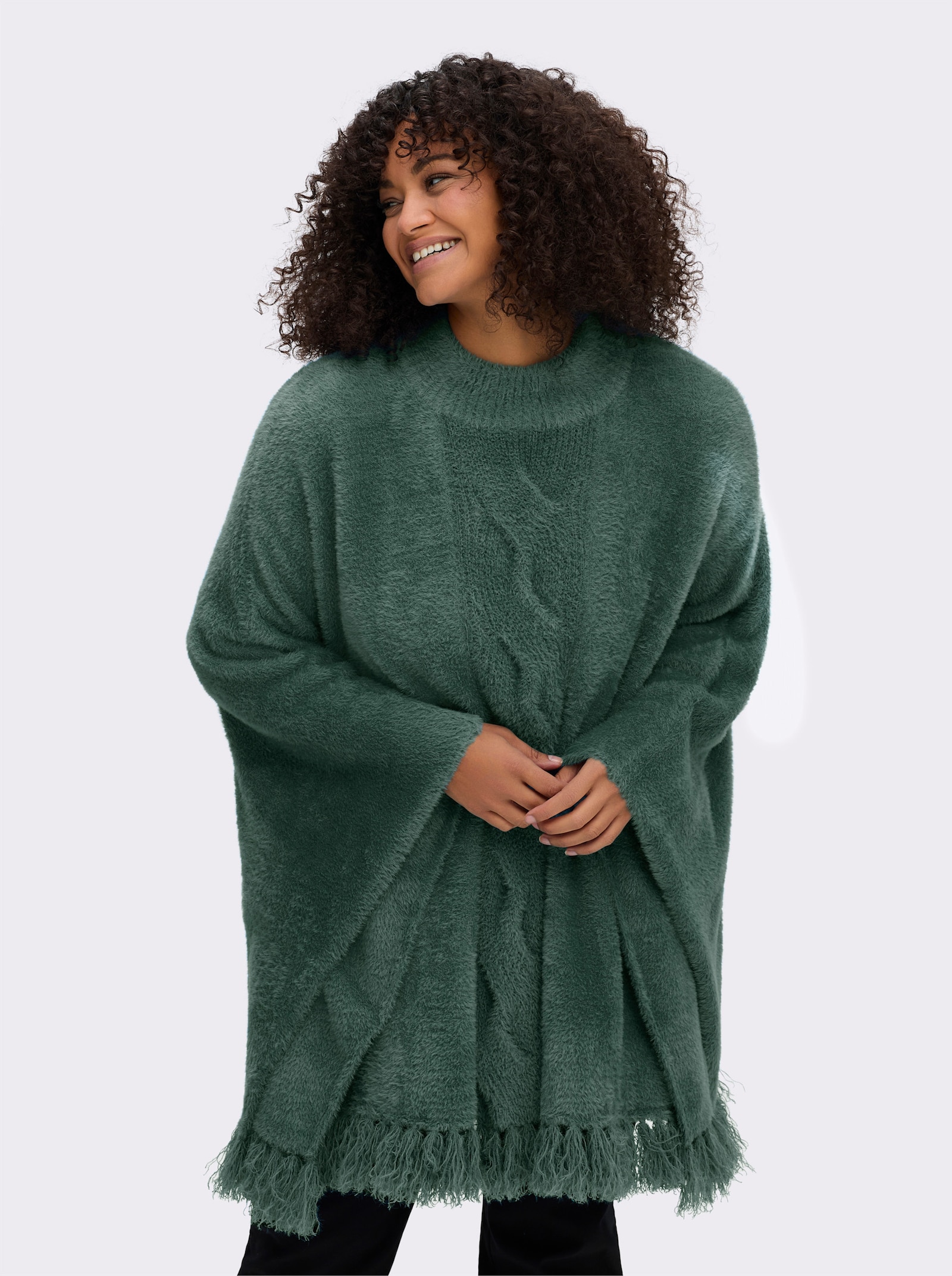 sheego Strickponcho mit Stehkragen und Quasten - moos