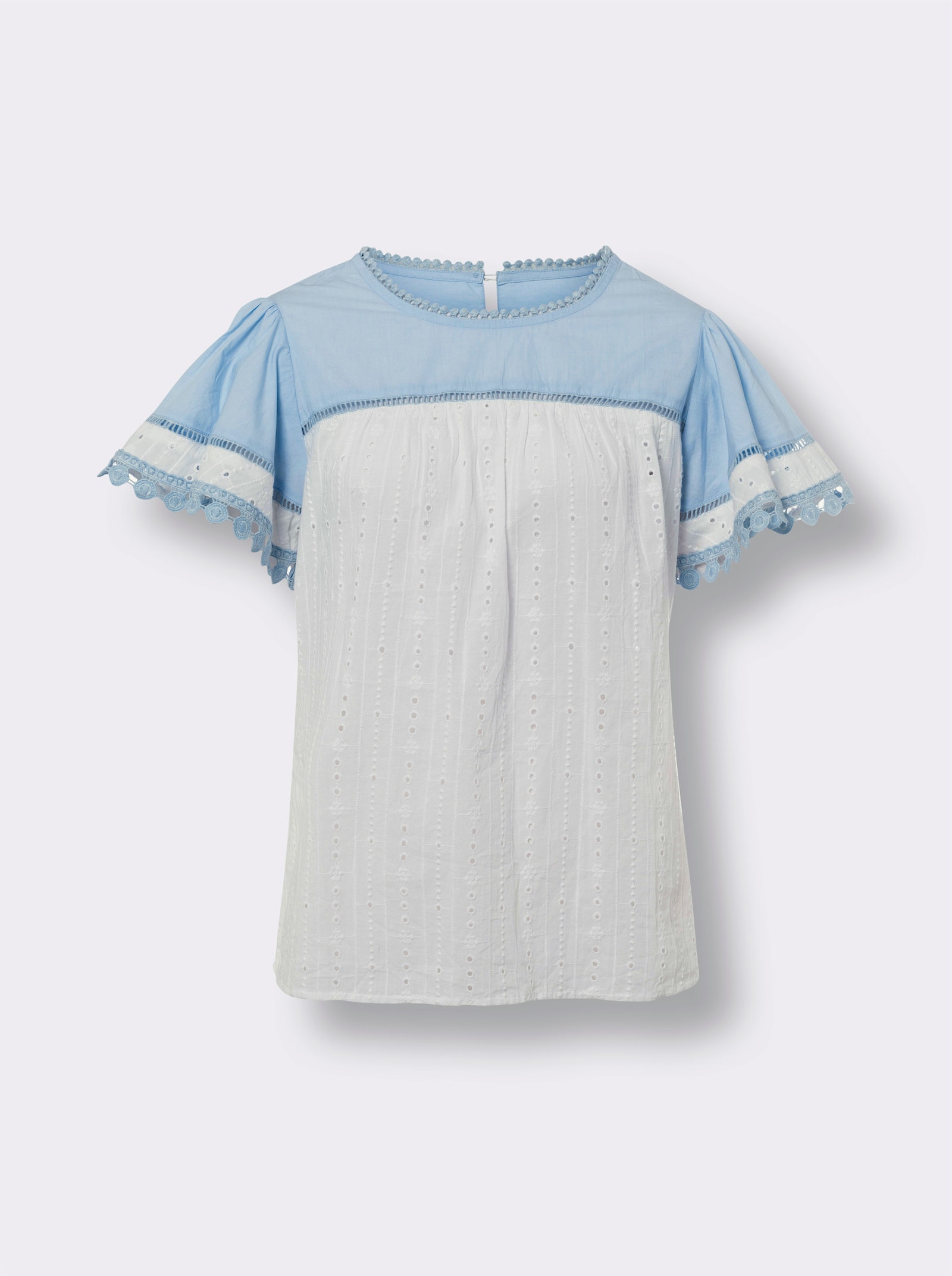 heine Kurzarm-Bluse mit Lochspitze - ecru-hellblau
