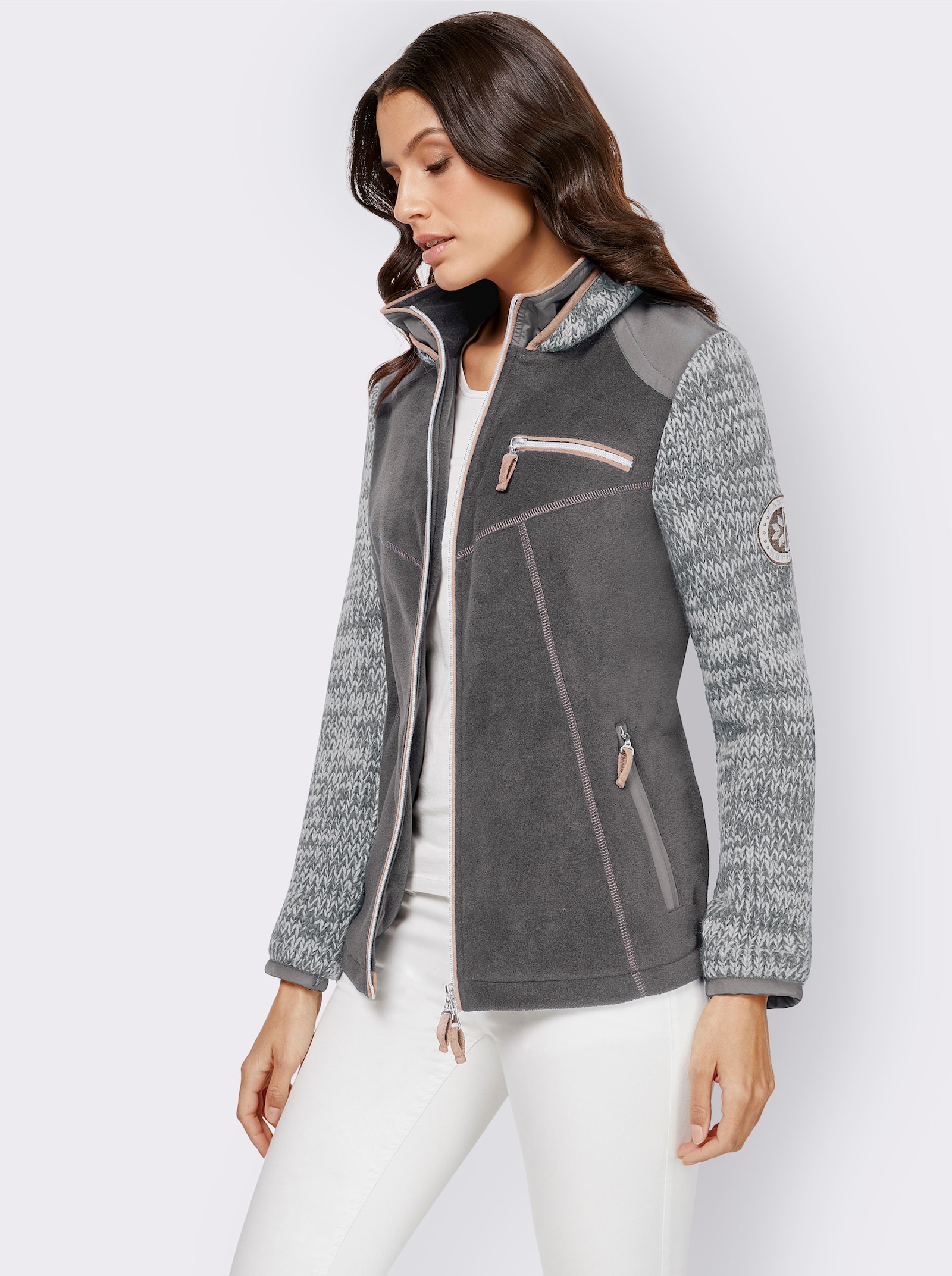 Fleecejacke im Mix aus Fleece und Strick - grau-meliert