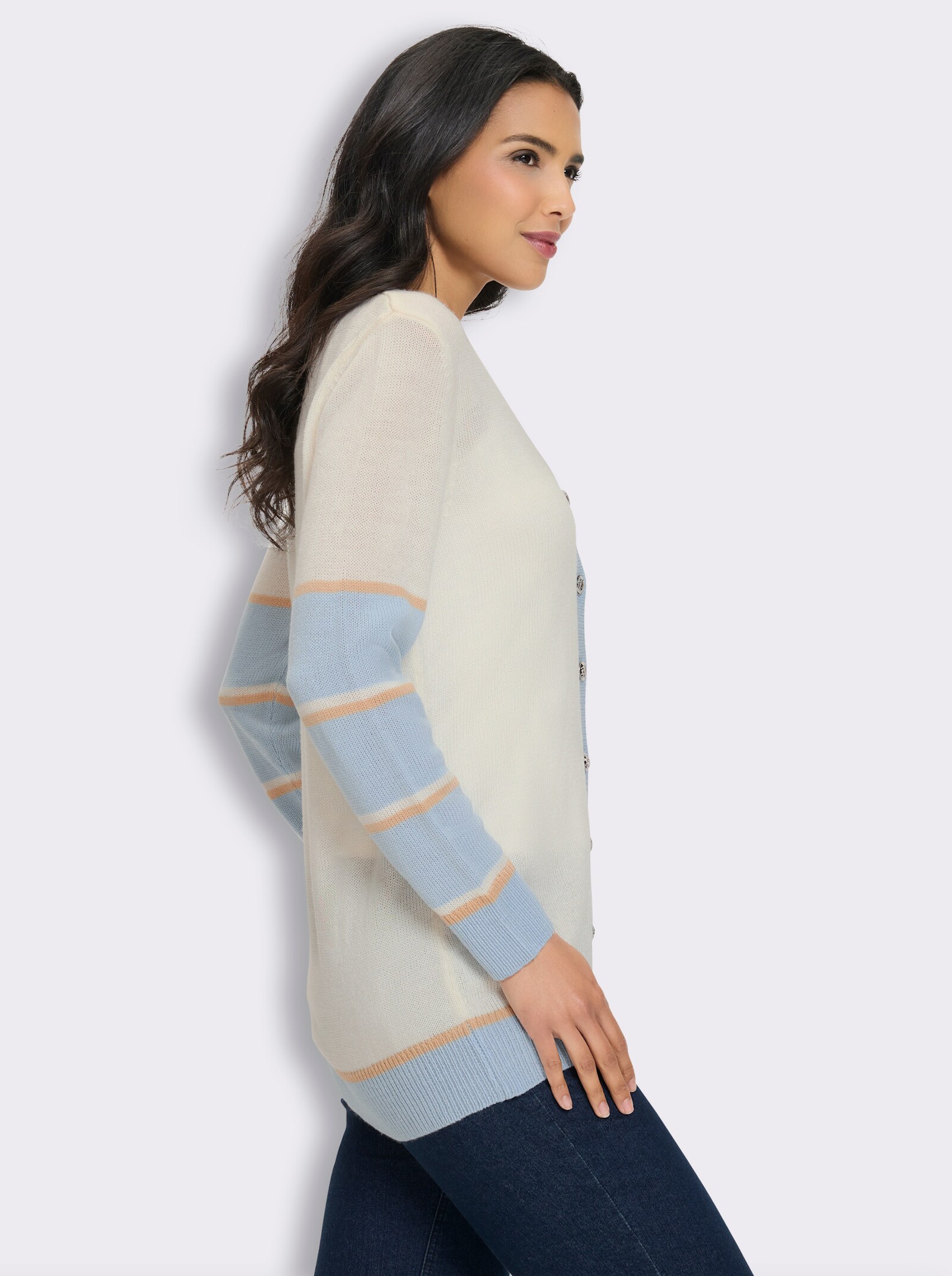 Longstrickjacke mit silberfarbenen Schmuckknöpfen - ecru-hellblau-gemustert
