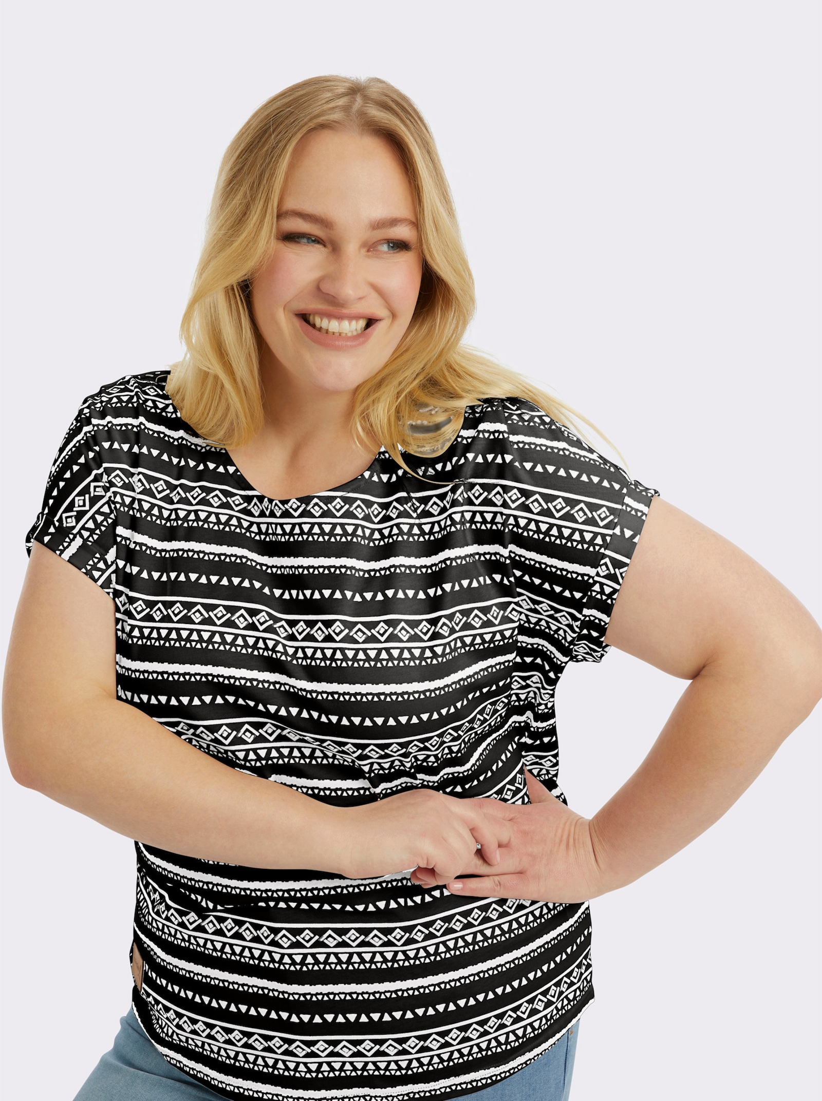 Print-Shirt mit Rundhals-Ausschnitt - schwarz-ecru-bedruckt