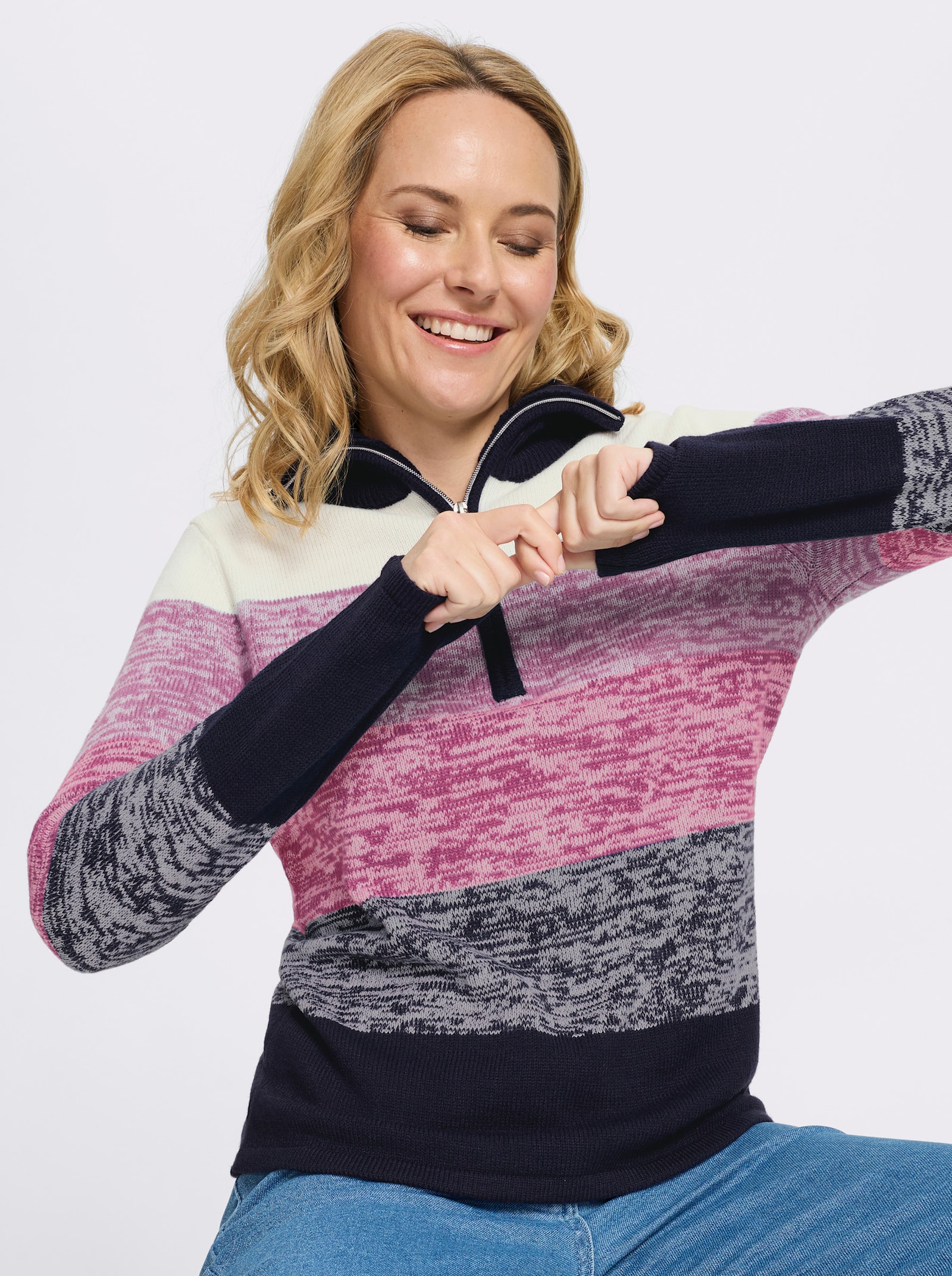 Langarm-Pullover mit kurzem Reißverschluss - magenta-marine-gemustert