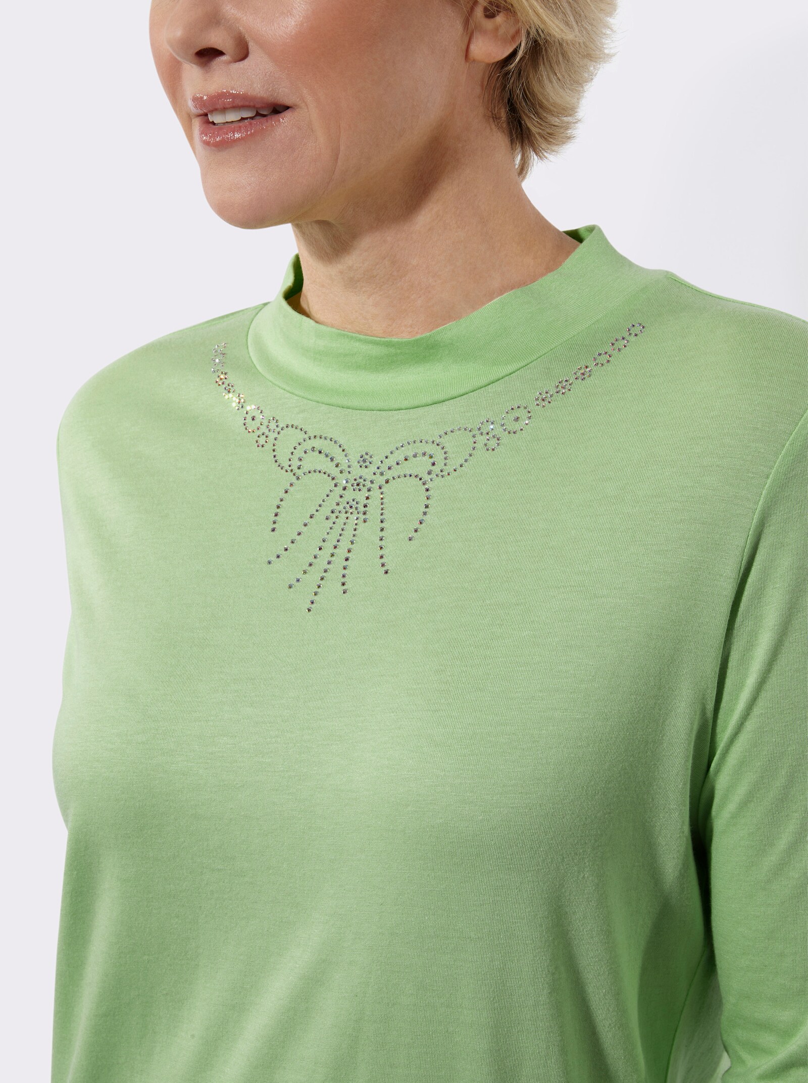 Stehkragenshirt mit Glitzersteinchen - reseda
