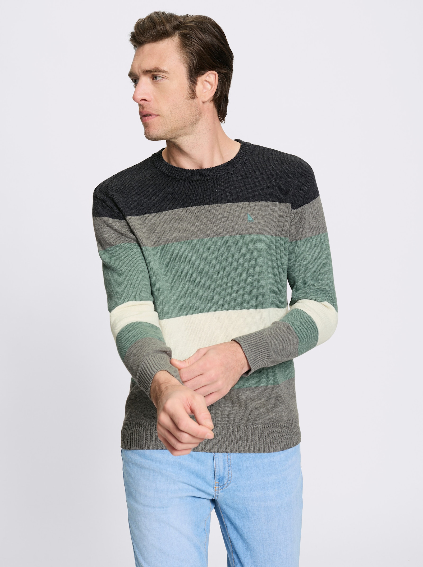 Catamaran Rundhalspullover mit Colour Blocking-Muster - jade-steingrau-meliert