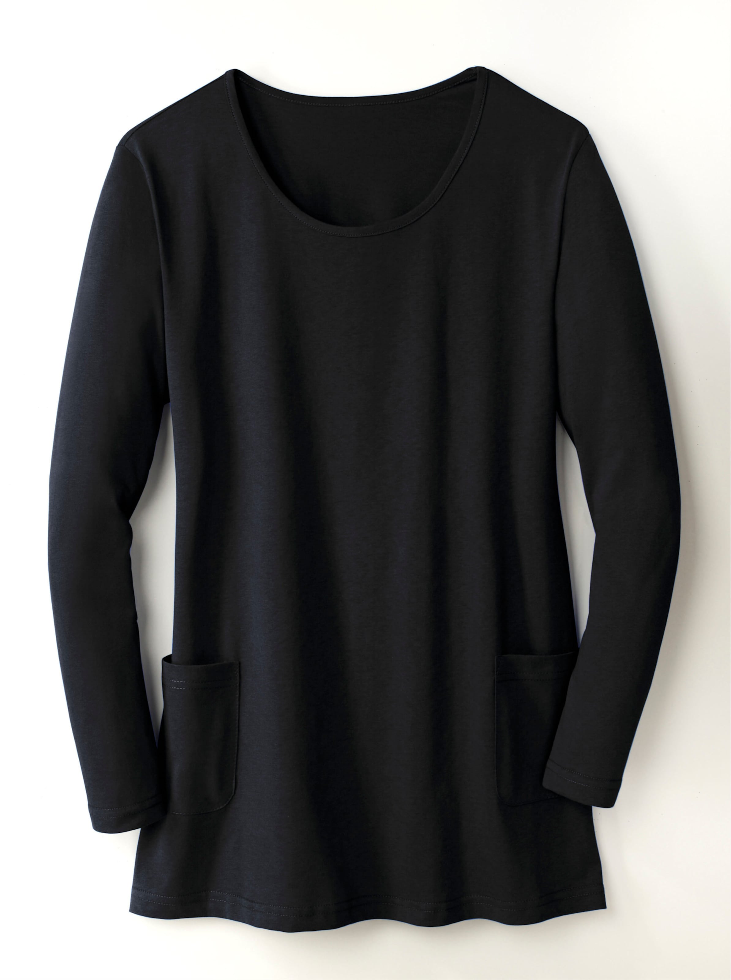Taschen günstig Kaufen-Longshirt in schwarz von heine. Longshirt in schwarz von heine <![CDATA[Kombikünstler und Figurschmeichler in einem: Longshirt mit aufgesetzten Taschen.]]>. 