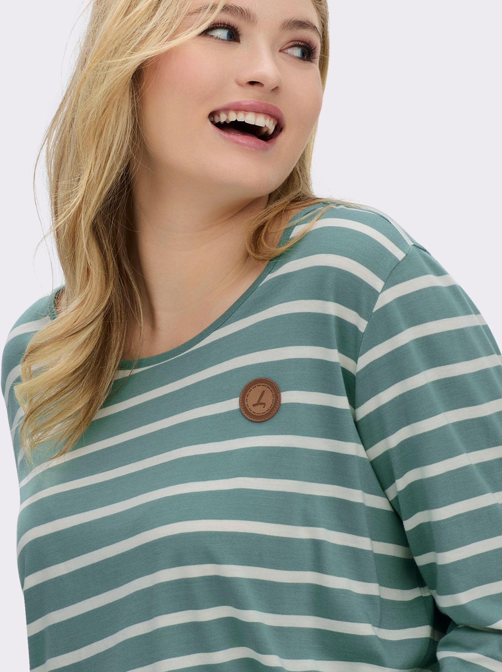 Ringelshirt mit Lederimitat-Patches - jade-ecru-gestreift