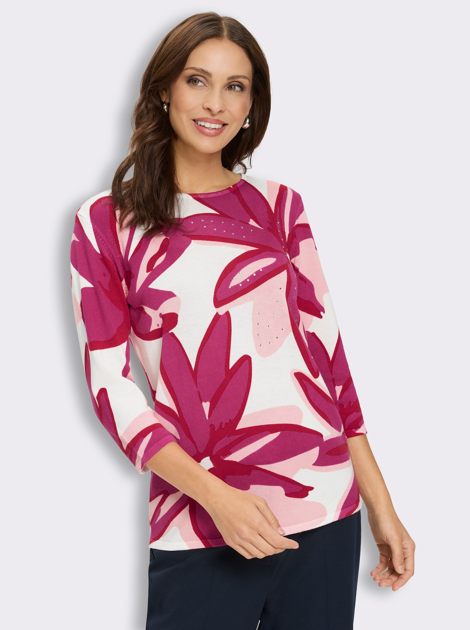 3/4-Arm-Pullover mit Glitzersteinchen - weiß-fuchsia-bedruckt