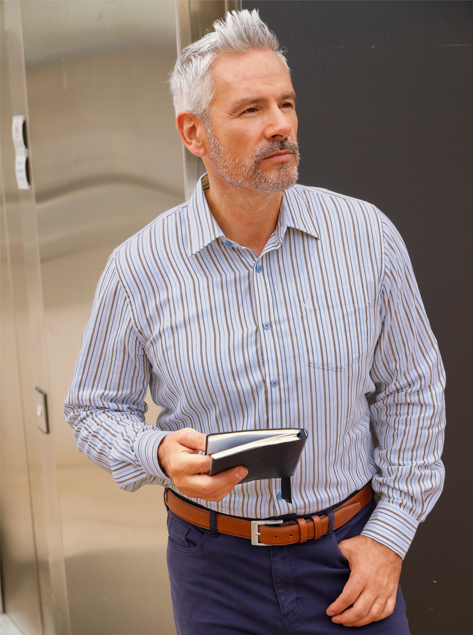 Marco Donati Langarmhemd in bügelfreier Popeline-Qualität - braun-gestreift