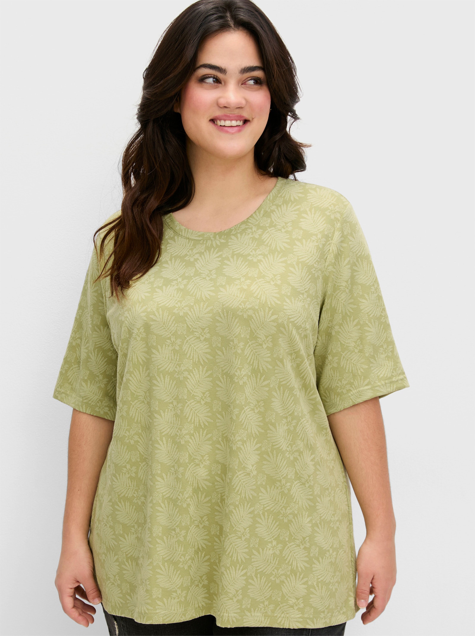 sheego Rundhalsshirt mit tonigem Jacquardmuster - schilf