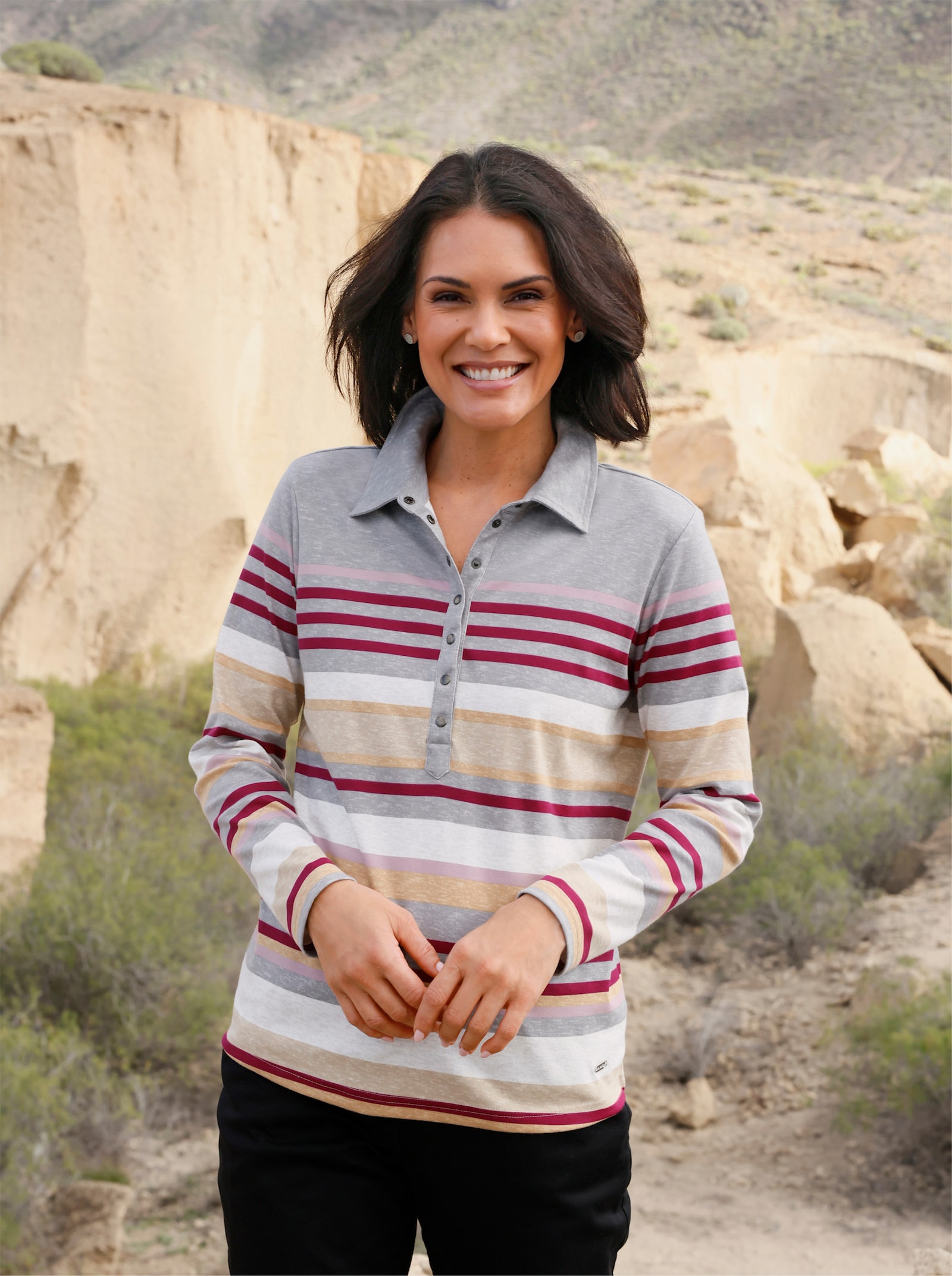 Poloshirt mit Druckknöpfen - grau-mauve-geringelt