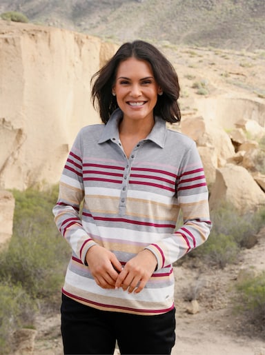 Poloshirt mit Druckknöpfen - grau-mauve-geringelt