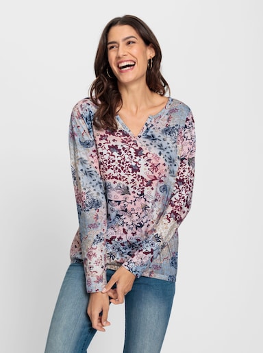 Print-Shirt mit elastischem Bund - rauchblau-rosenquarz-bedruckt