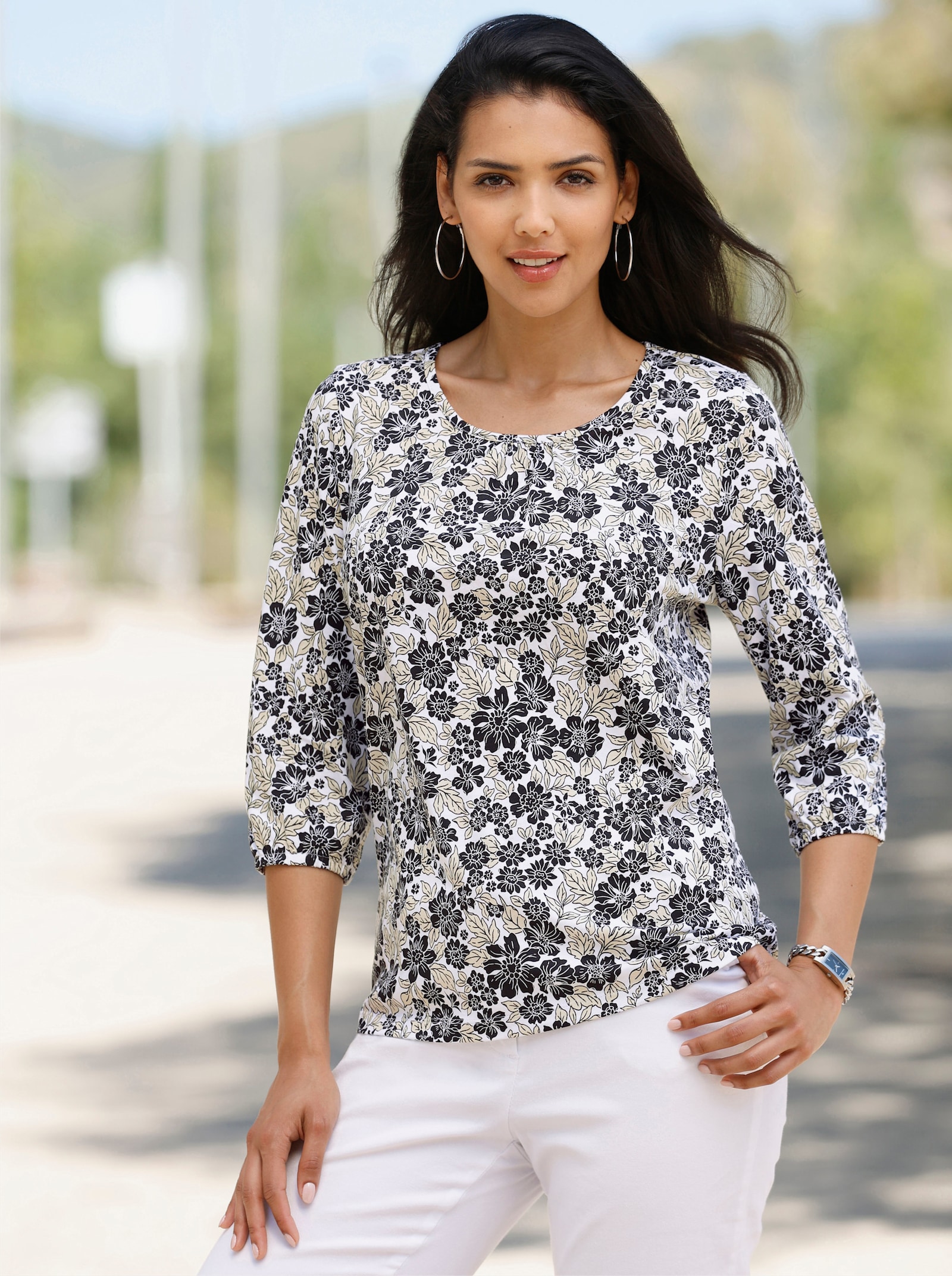 3/4-Arm-Shirt mit floralem Druck - weiss-schwarz-bedruckt