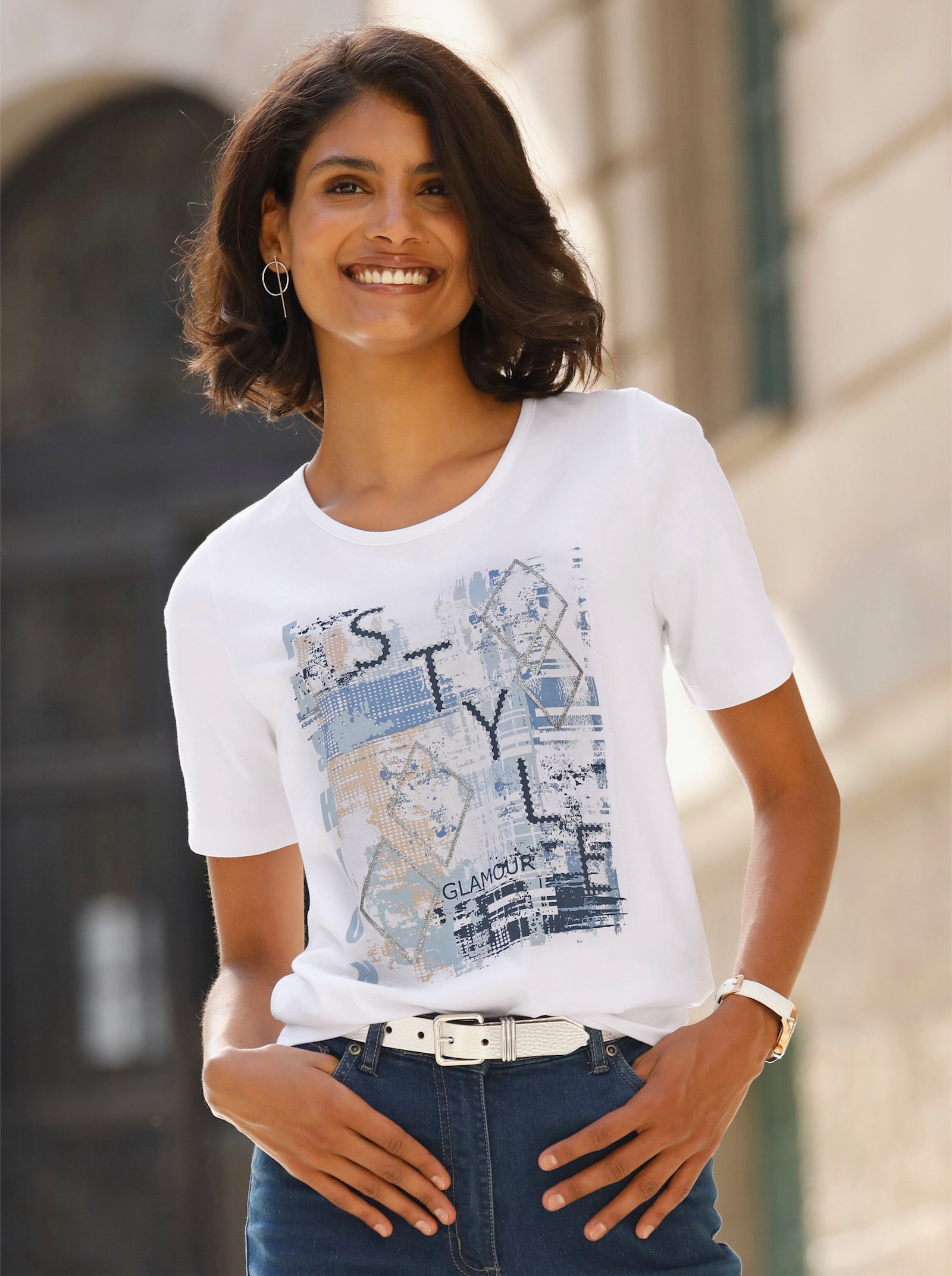 Kurzarmshirt mit Buchstaben-Druck - weiß-himmelblau