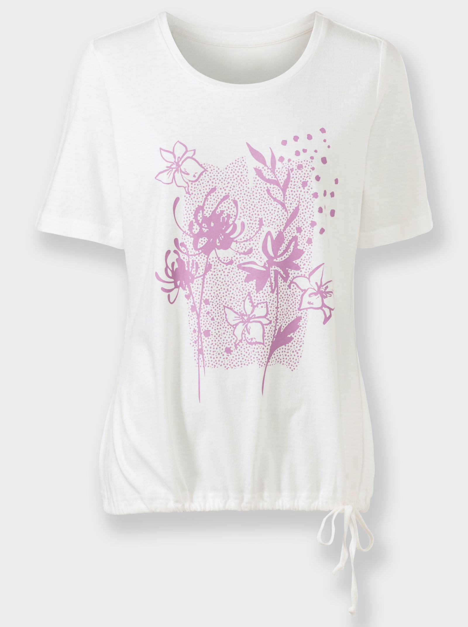 Kurzarmshirt mit weitenregulierbarem Saum - ecru-orchidee-bedruckt