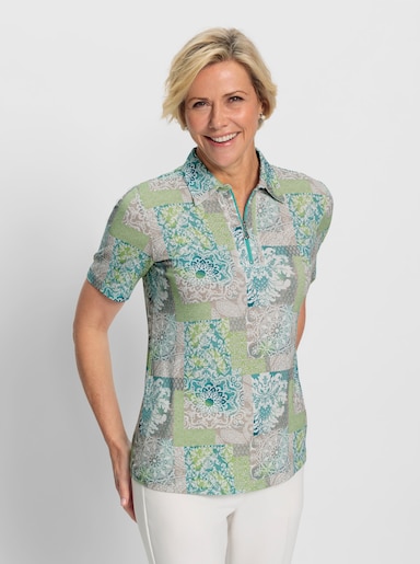 Poloshirt im Grafik-Dessin - kalkmint-hellgrau-bedruckt