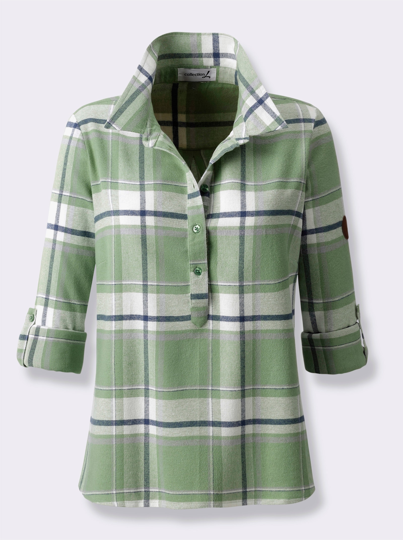 Flanellen blouse met licht afgeronde zoom - eucalyptus/ecru geruit