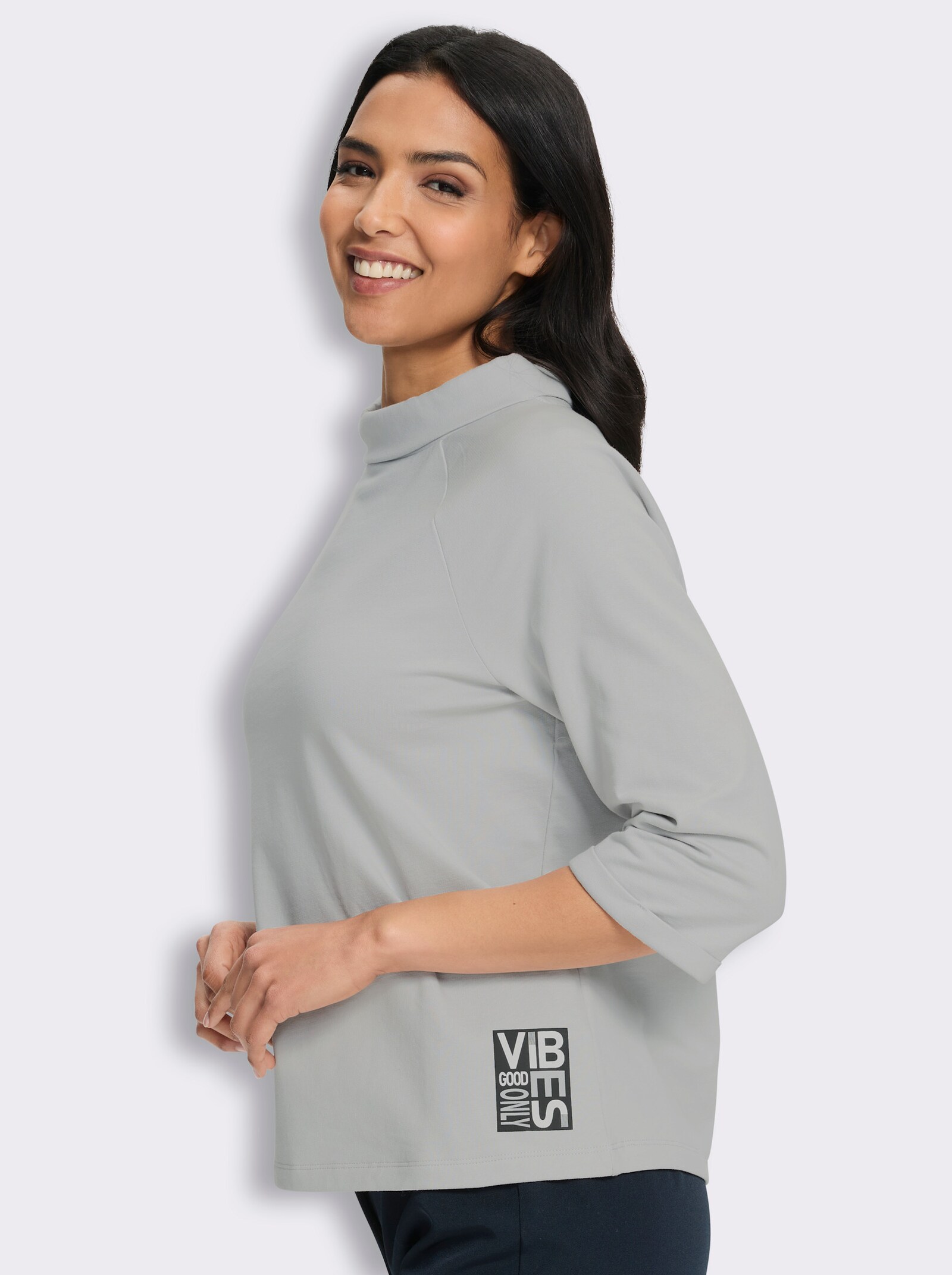  3/4-Arm-Shirt mit halsfernem Stehkragen - hellgrau