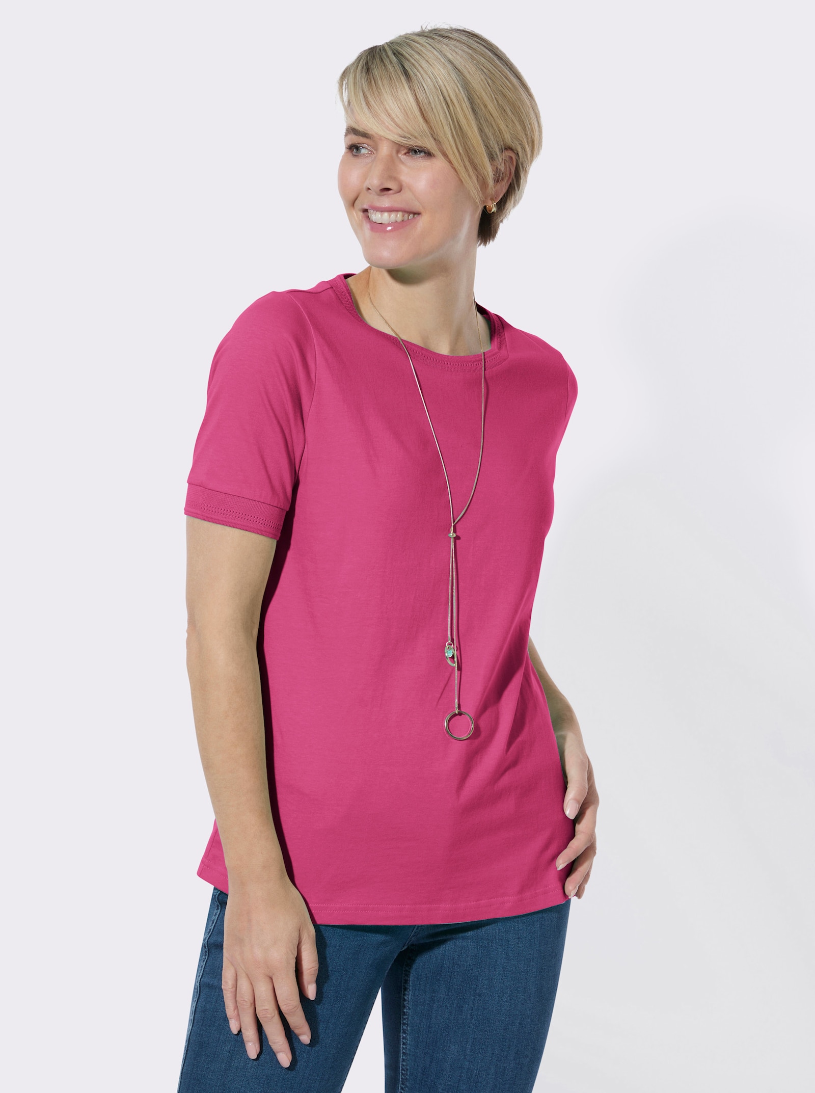 Rundhalsshirt mit Ajourmuster an Kragen und Ärmeln - fuchsia