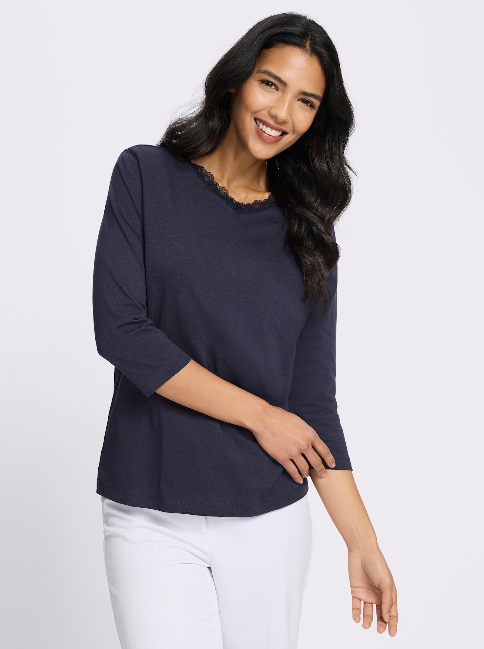 3/4-Arm-Shirt mit Spitze am Ausschnitt - marine