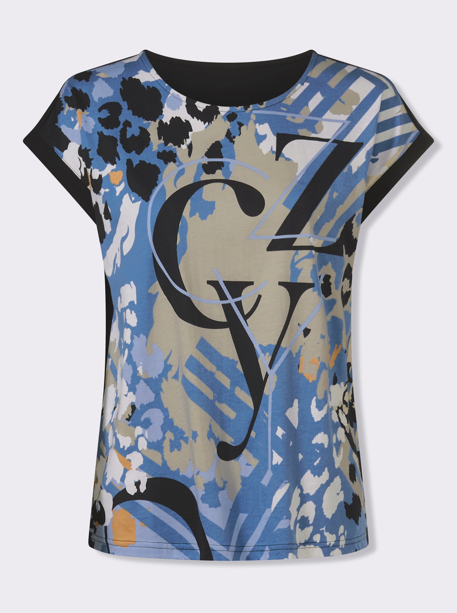 Kurzarmshirt mit bedrucktem Vorderteil - eisblau-schwarz-bedruckt