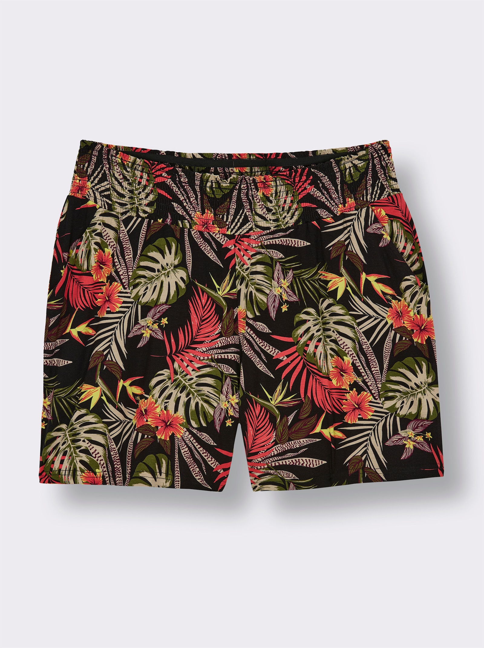 sheego Jerseybroek in kort, wijd model - zwart/bordeaux bedrukt