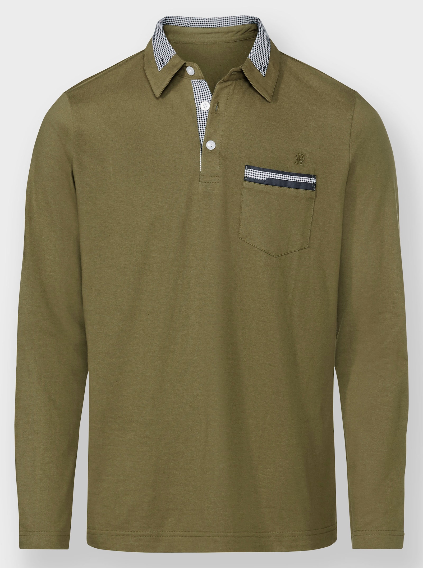 Marco Donati Langarmshirt mit Karo-Webbesatz - oliv
