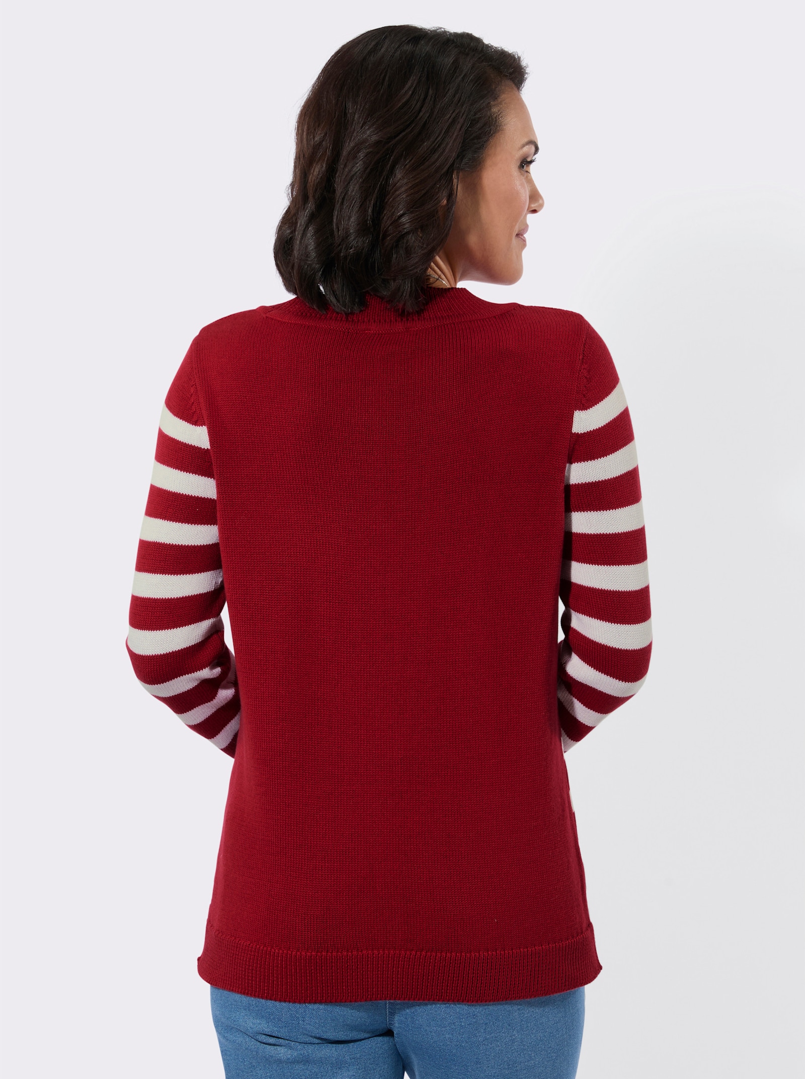 Rundhalspullover mit Zierknöpfen - rot-ecru