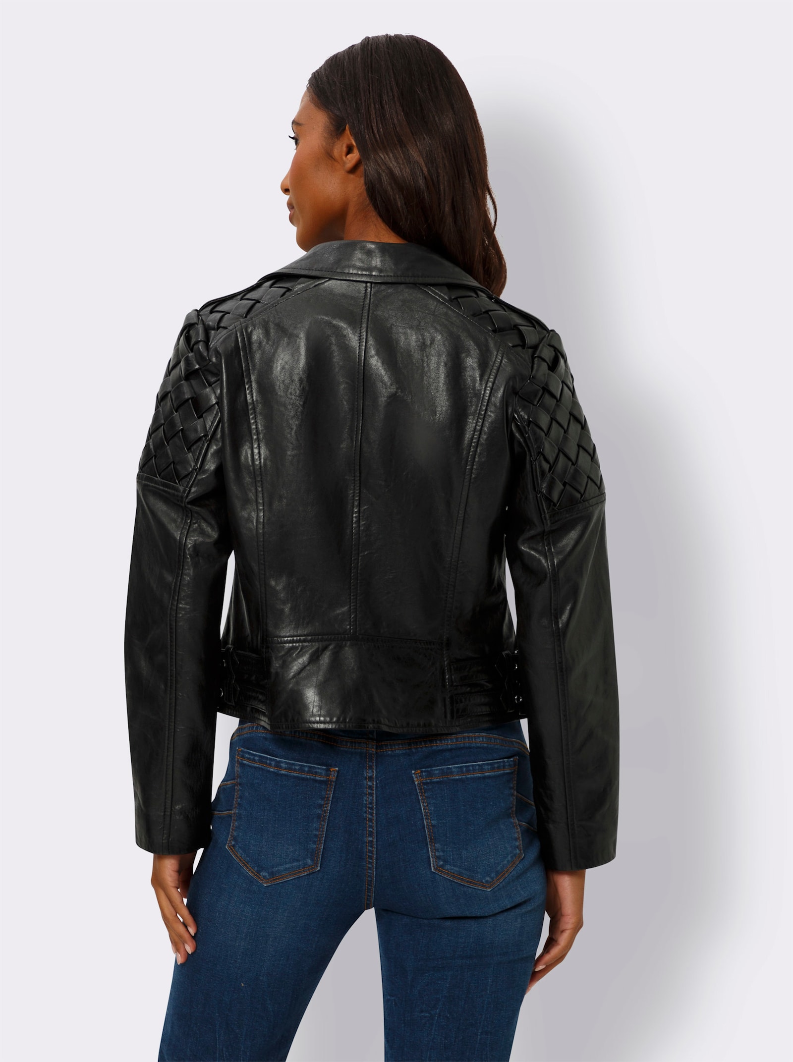 heine Lederjacke mit Flecht-Einsatz - schwarz
