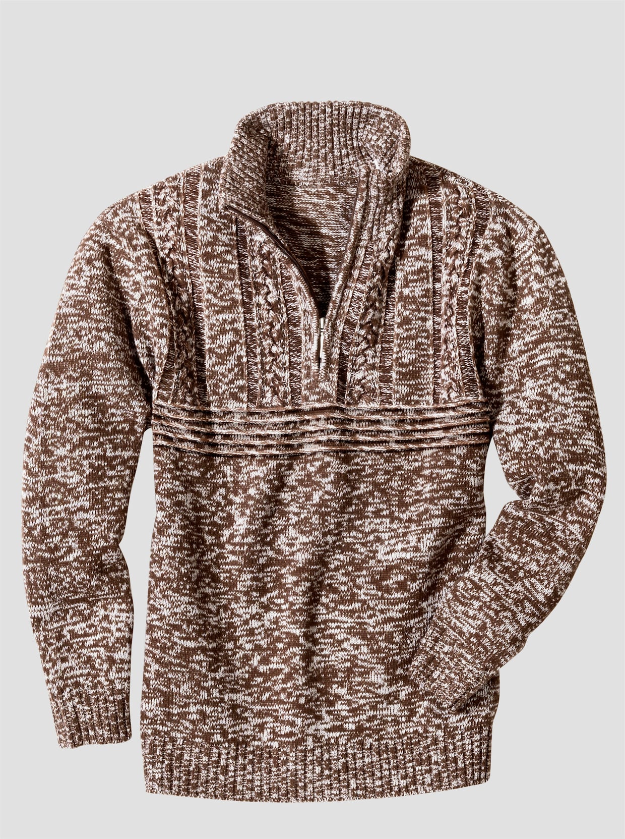 Langarm-Pullover mit platziertem Zopfmuster - schoko-meliert