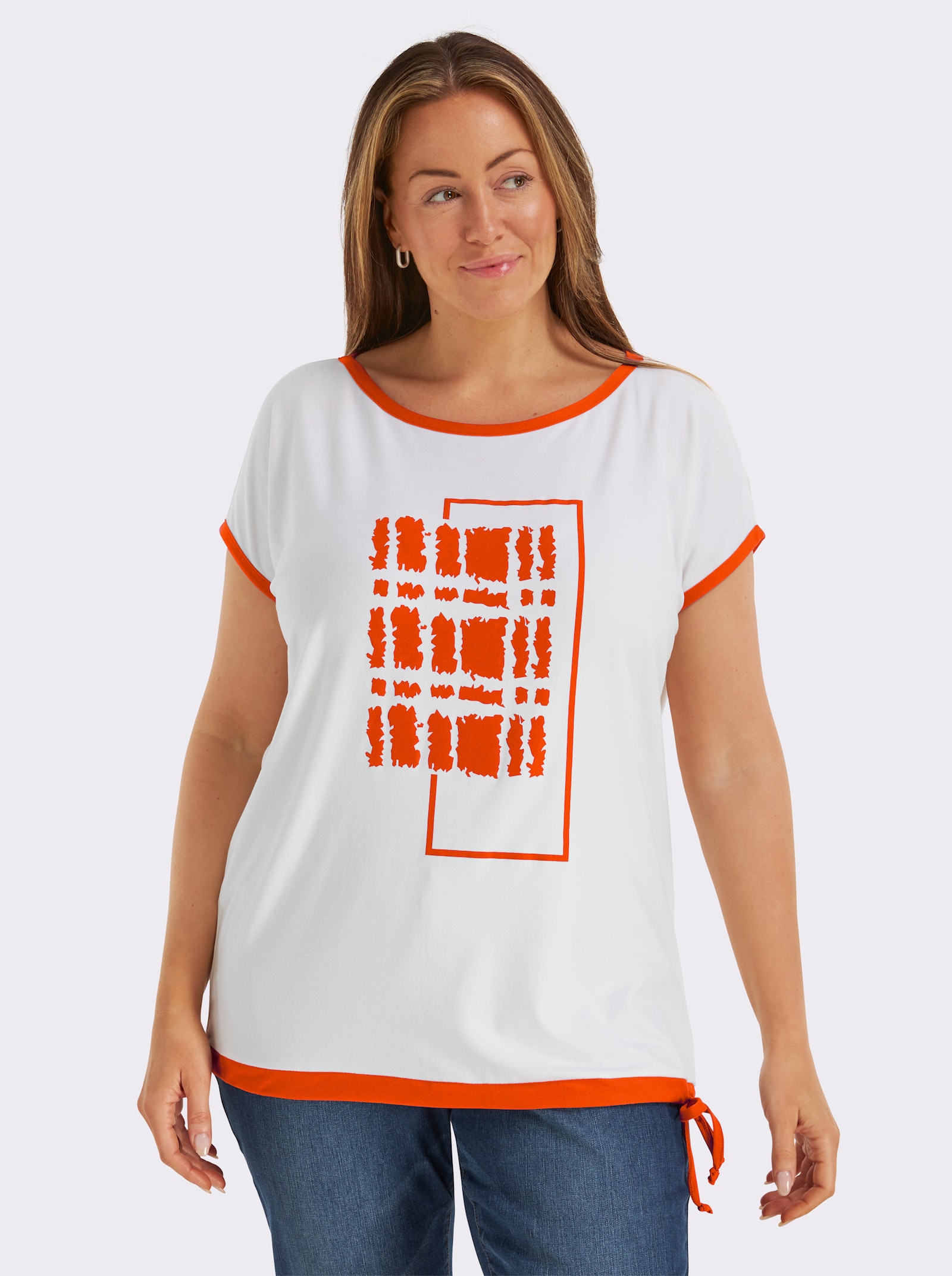 Print-Shirt mit U-Boot-Ausschnitt - ecru-orange-bedruckt