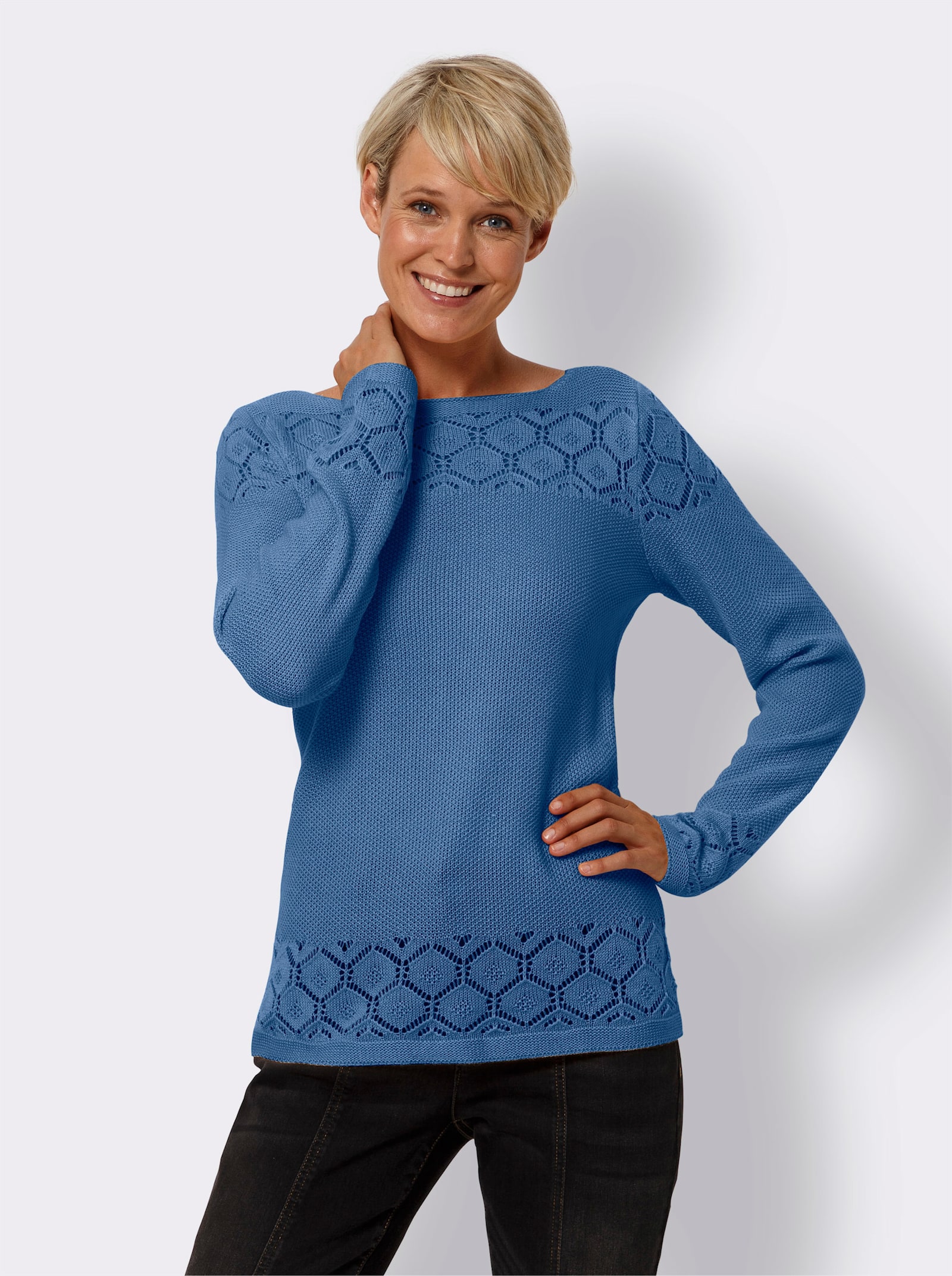 Langarm-Pullover mit Ajour-Muster - mittelblau