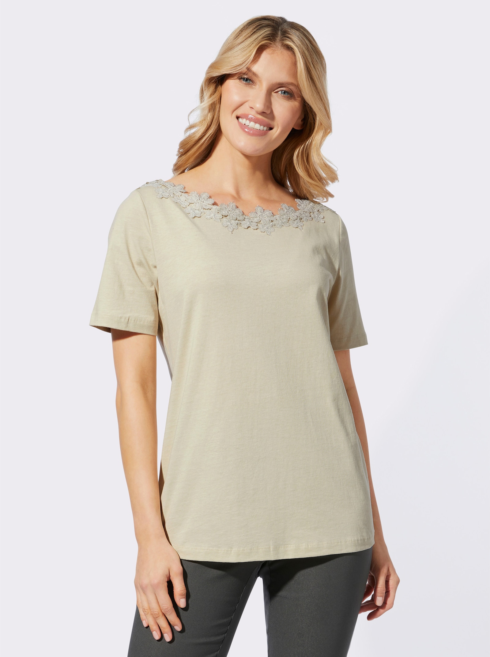 Shirt met korte mouwen en kant bij de boothals - zand