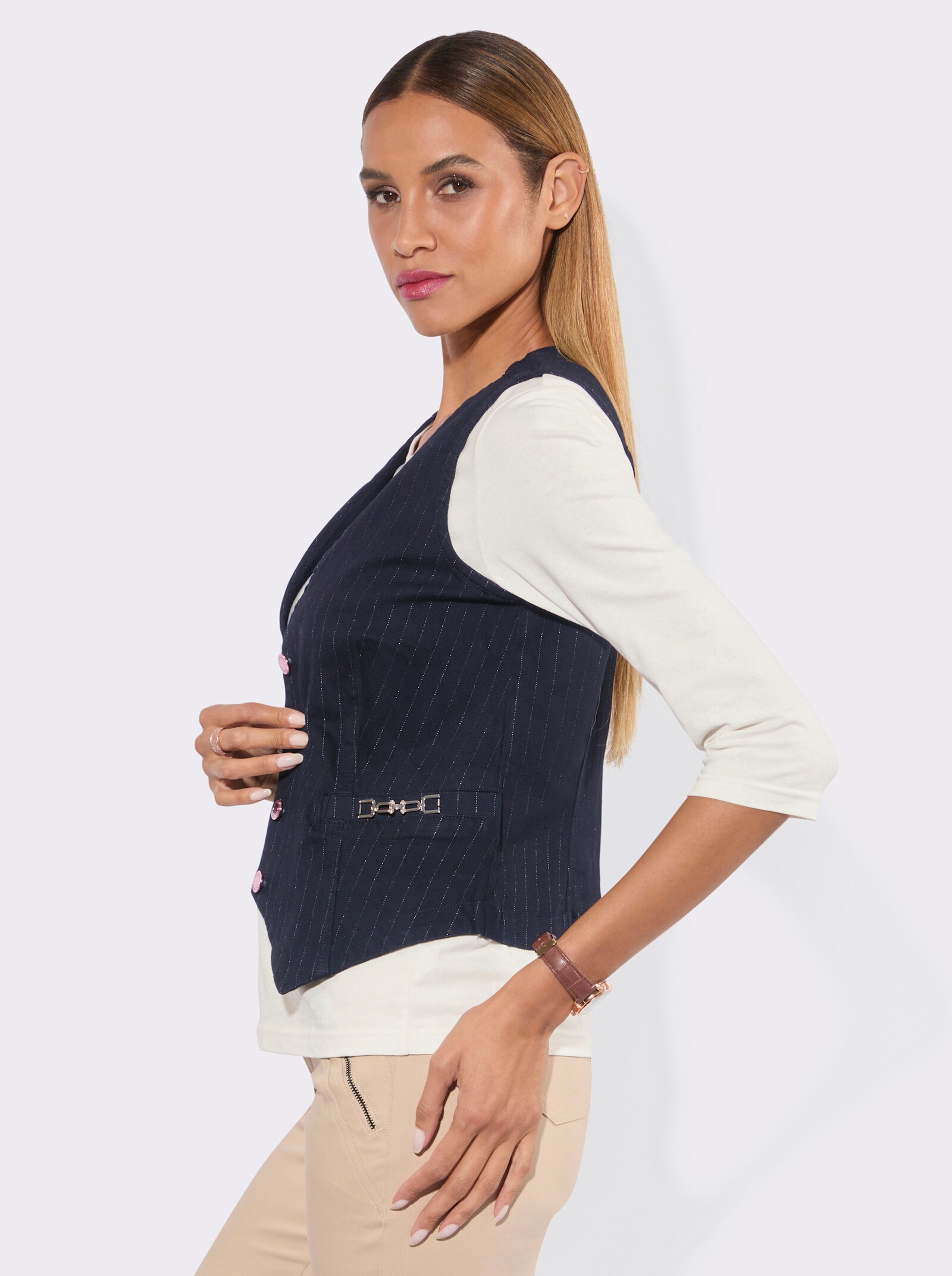 Jeansweste mit Zierspange - dark blue-roségoldfarben-gestreift