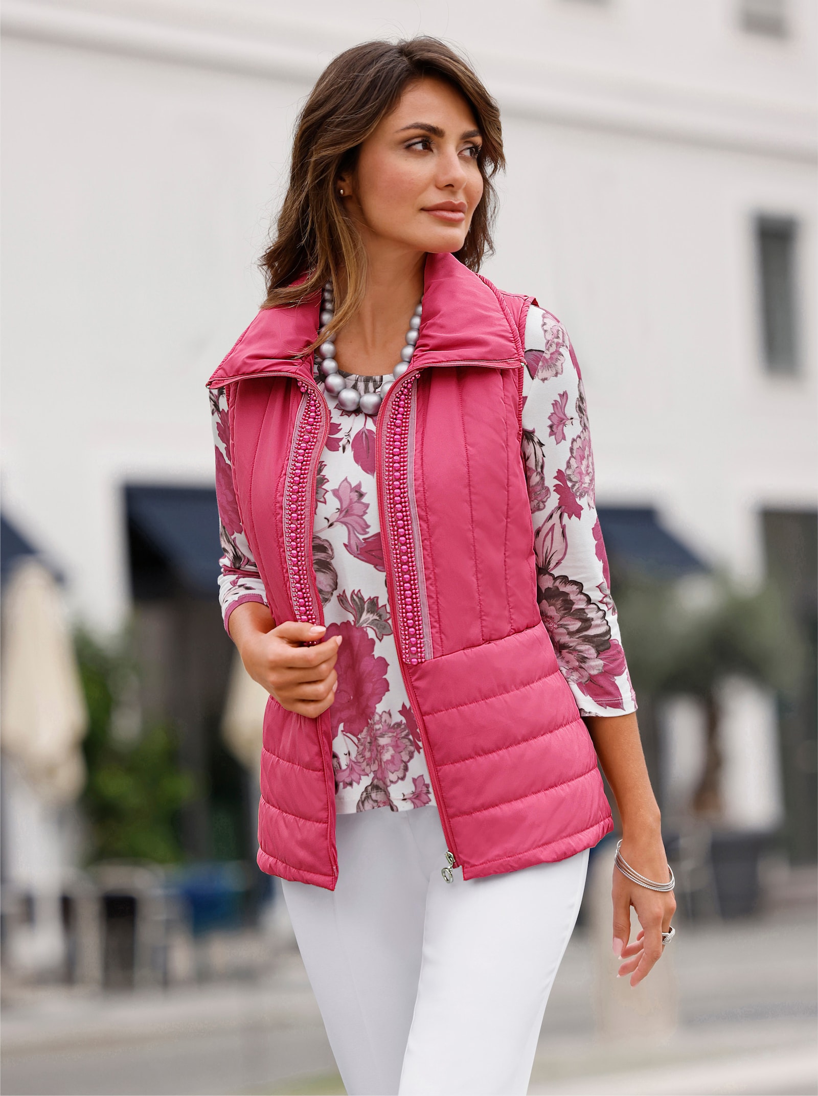 Steppweste mit Zierperlen am Reißverschluss - fuchsia