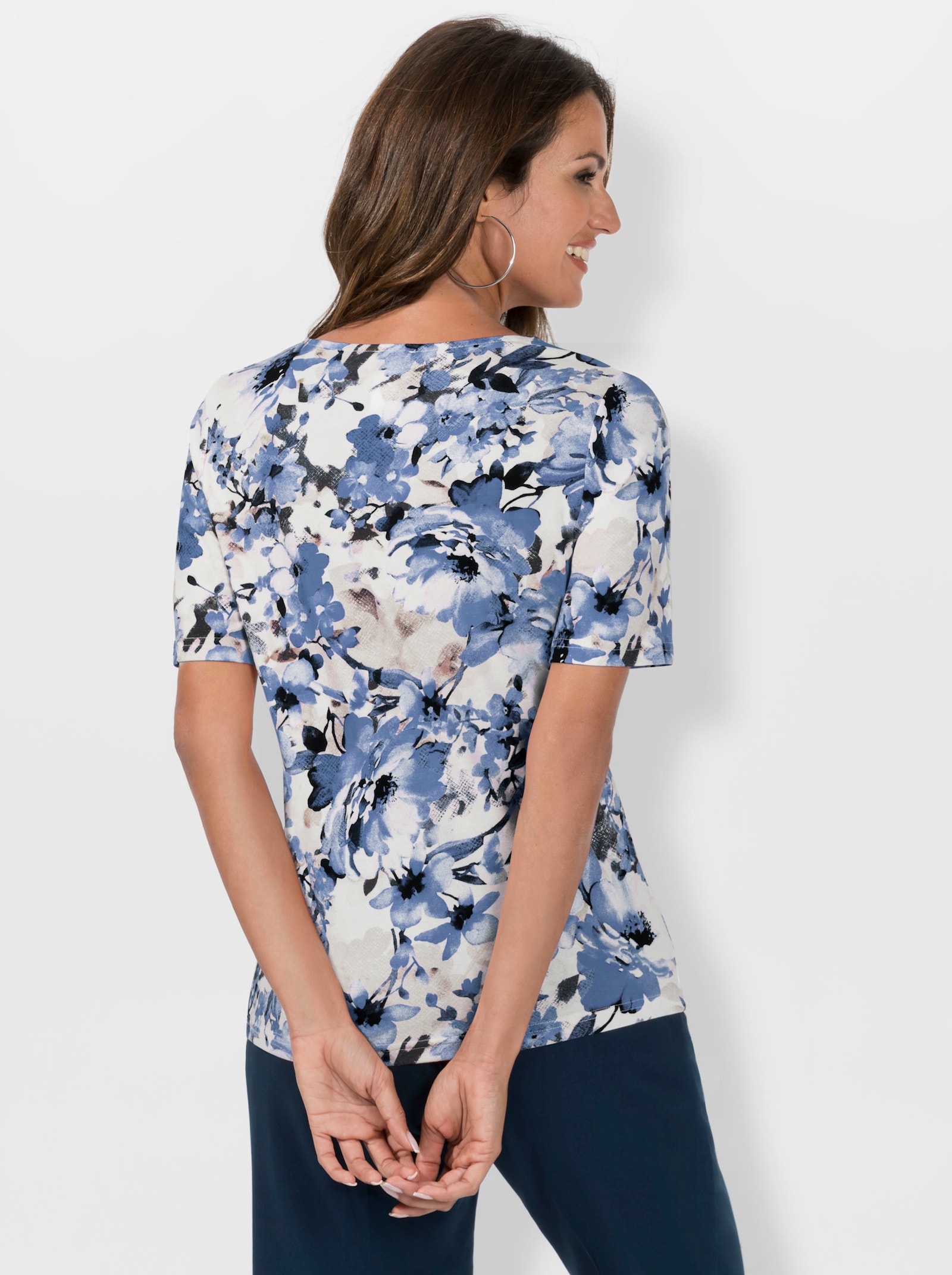 Tričko s krátkým rukávem s květinovým vzorem - střední modrá-sezamová-potisk