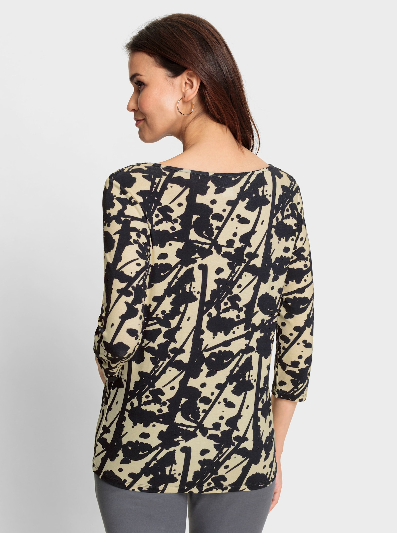 Shirt met cascadehals - vanille/zwart bedrukt