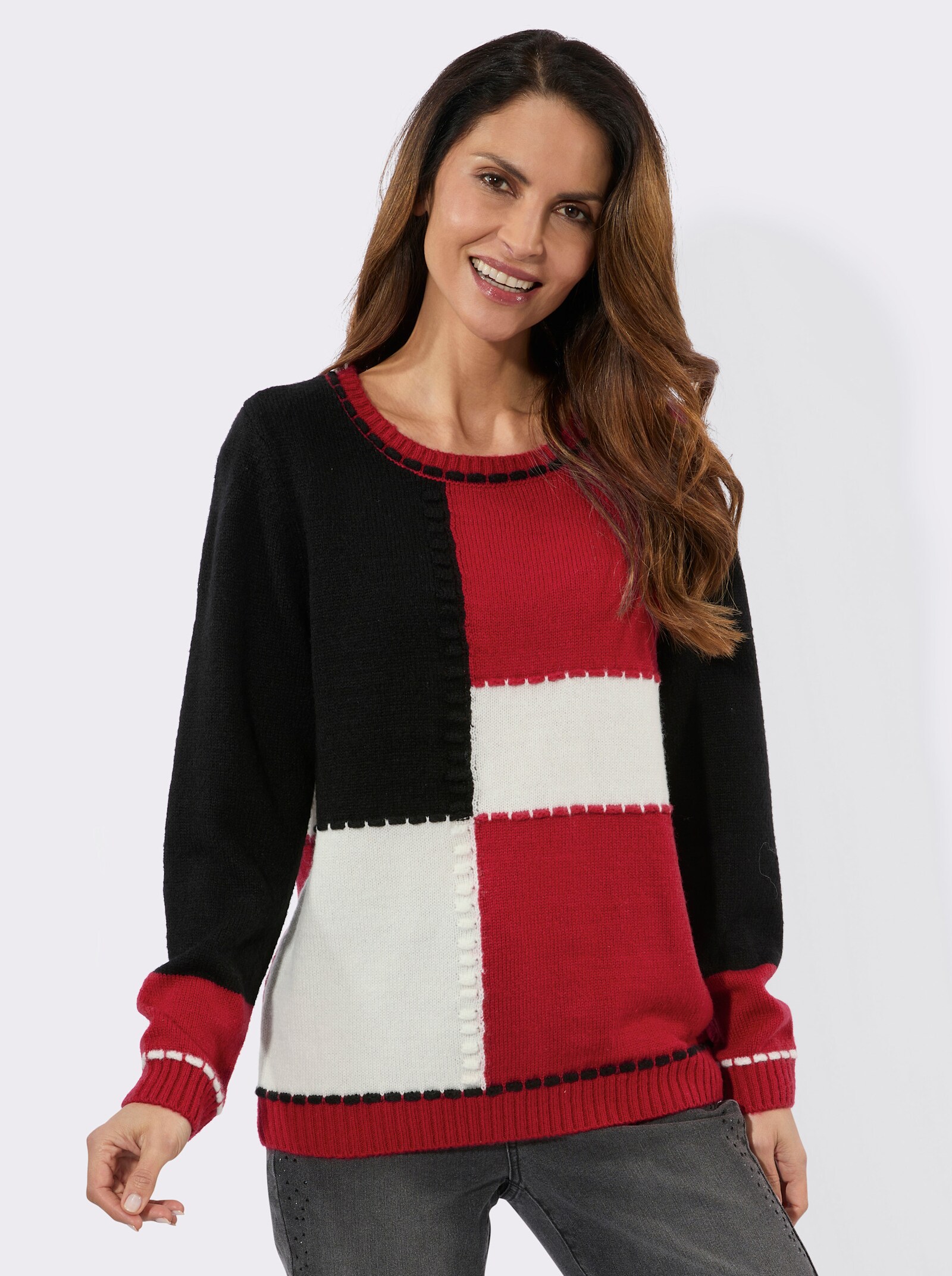 Langarm-Pullover in Colour-Blocking-Optik - rot-schwarz