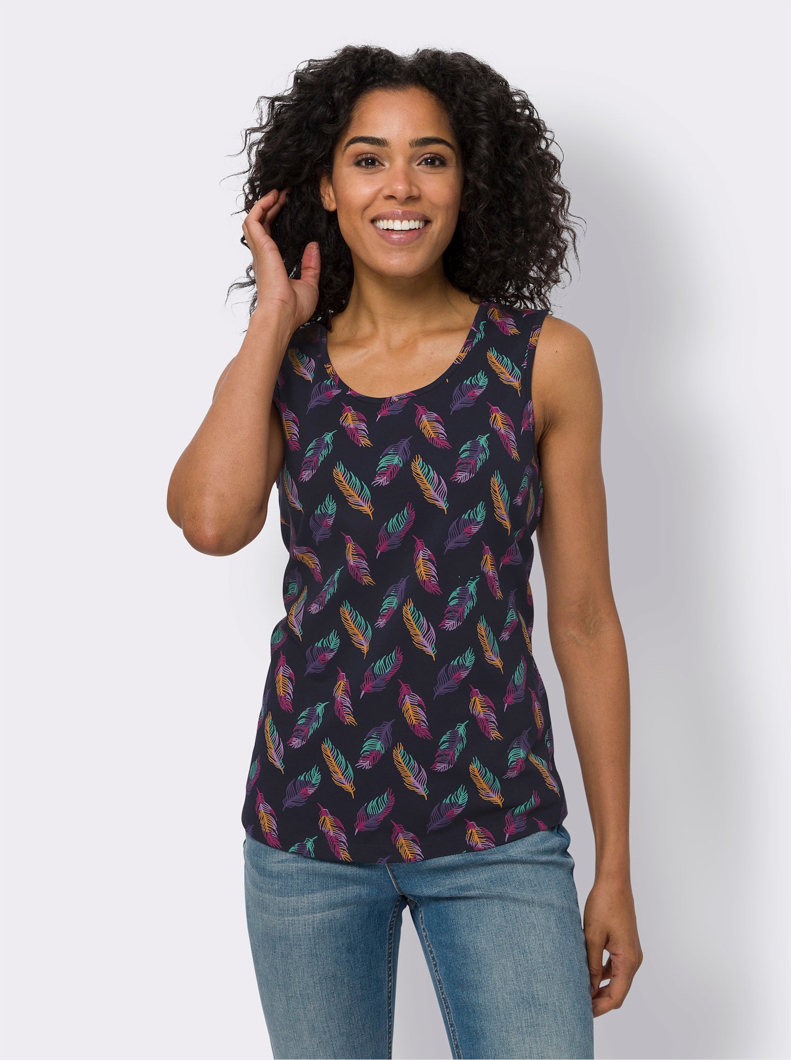 Shirttop met verenprint - marine/blauwgroen bedrukt