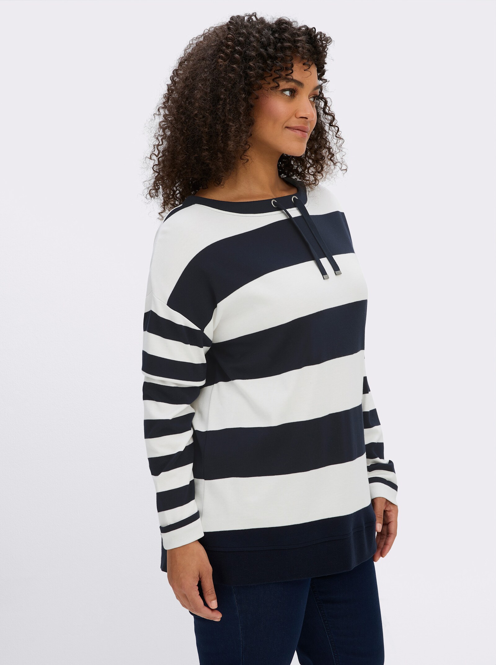 sheego Sweatshirt im Streifen-Mix - tiefblau-ecru-geringelt