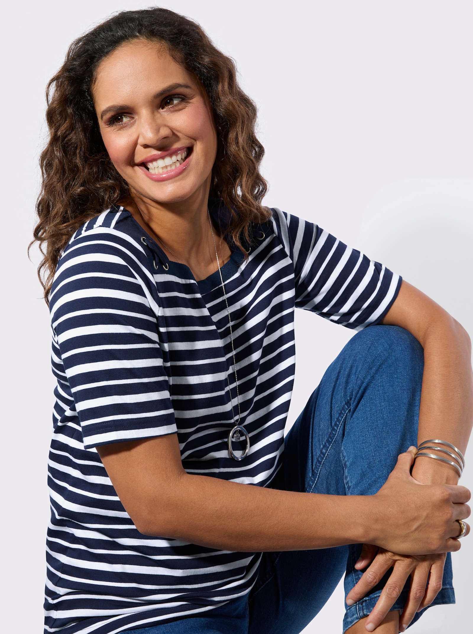 Shirtset met decoratieve hals - marine + marine/wit gestreept