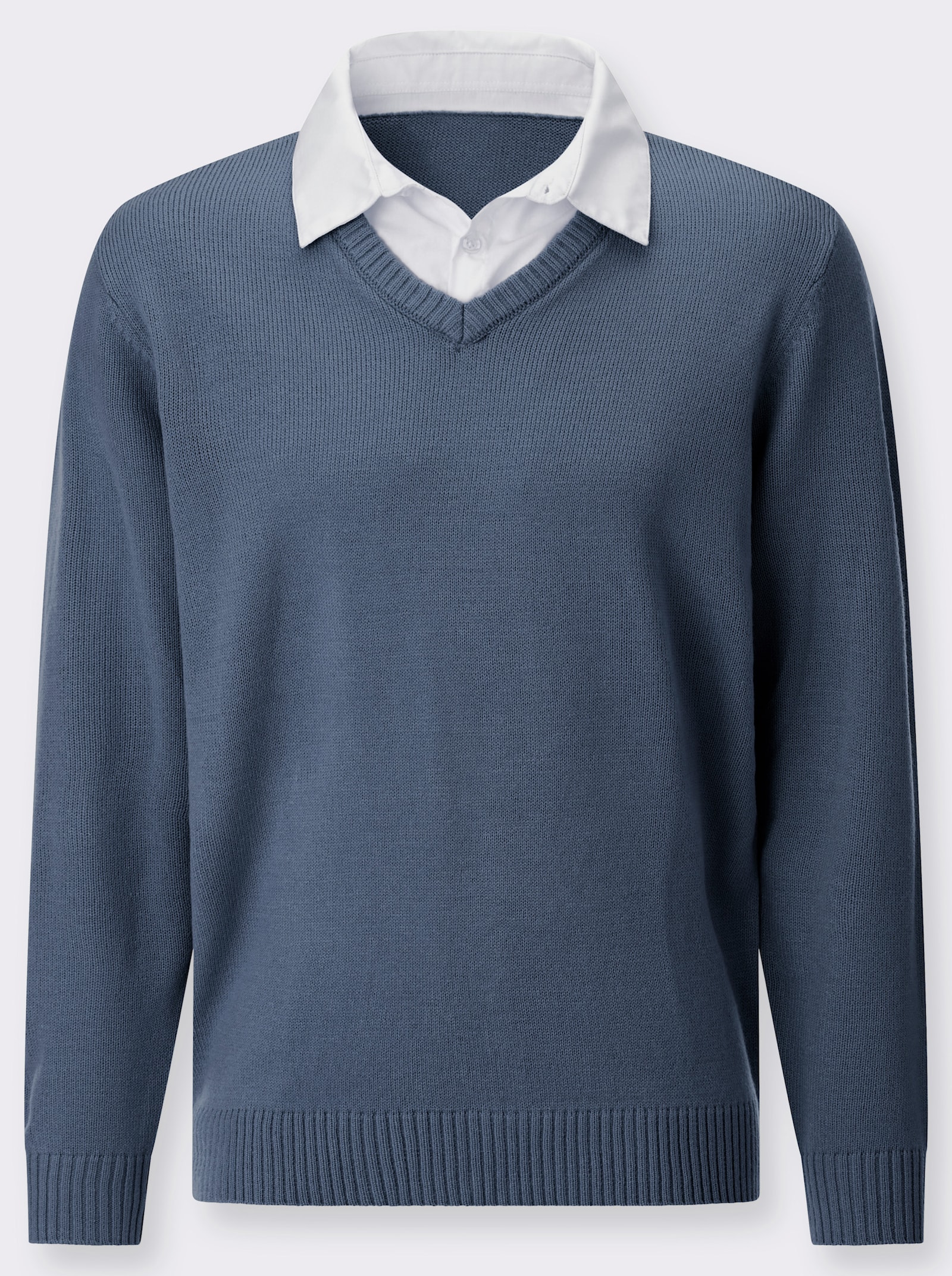 2-in-1-Pullover mit gewebtem Hemdkragen - ecru-rauchblau