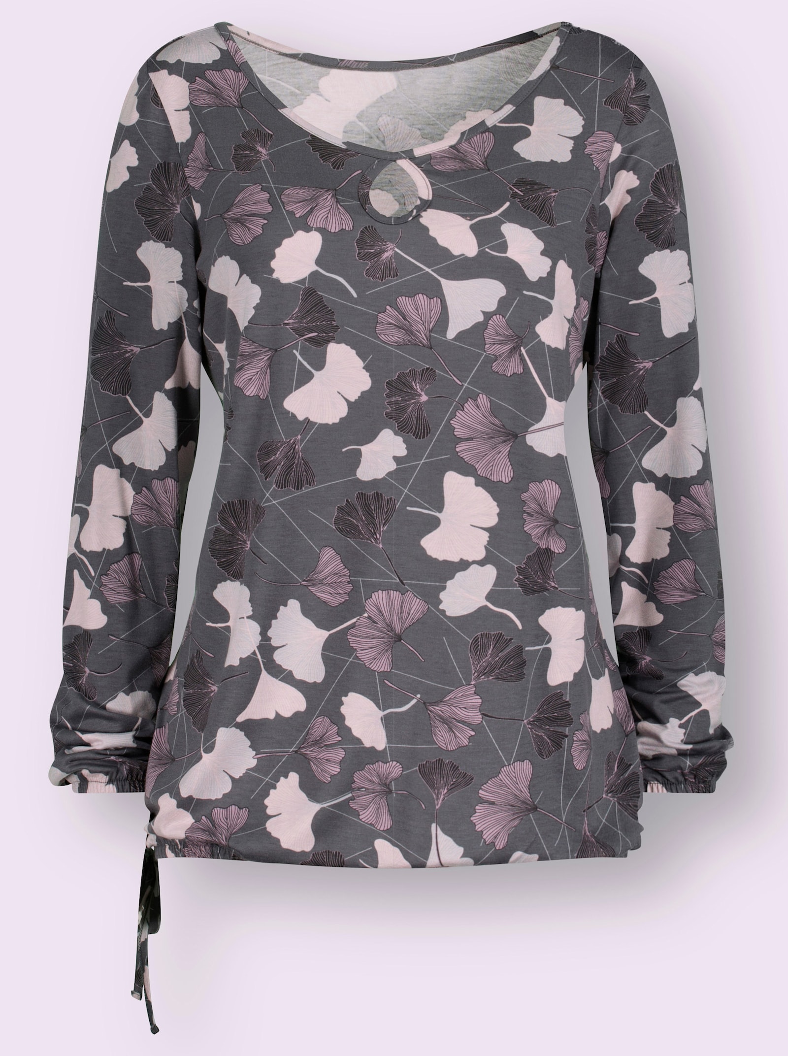 Rundhalsshirt mit Gingko-Blättern - hellgrau-mauve-bedruckt