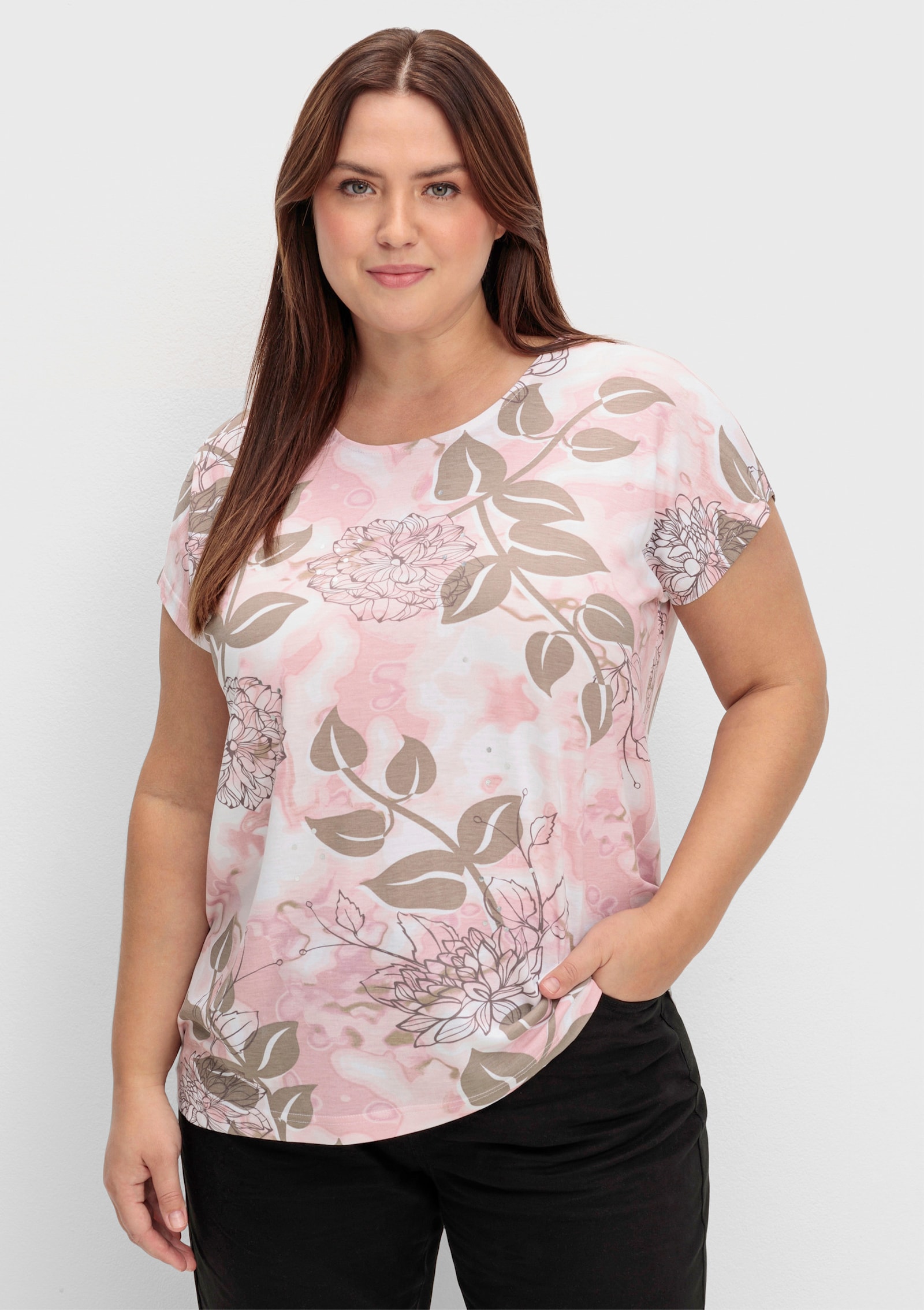 Rundhalsshirt mit Foliendruck, Viskose - weiß-hortensie-bedruckt