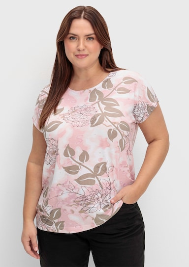 Rundhalsshirt mit Foliendruck, Viskose - weiß-hortensie-bedruckt