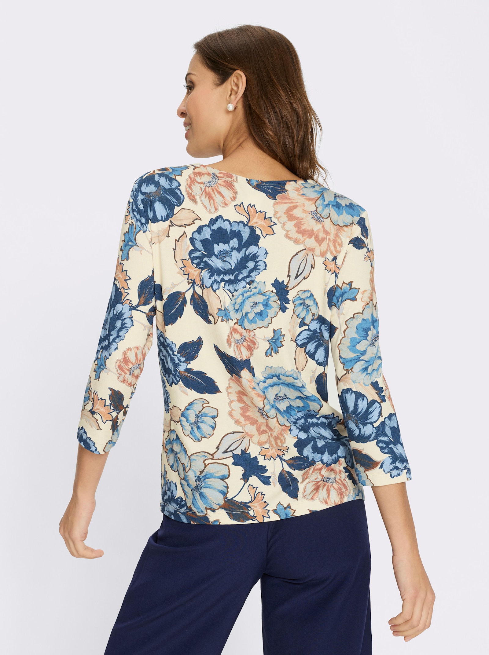 Rundhalsshirt mit Viskose - champagner-dunkelblau-bedruckt