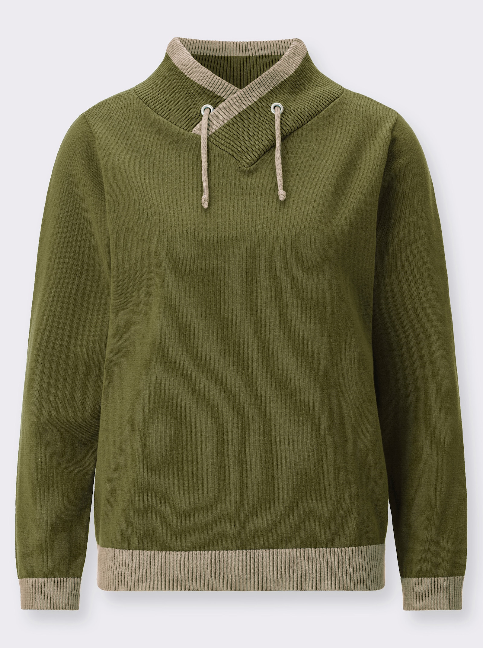 Langarm-Pullover mit kontrastfarbigen Bündchen - oliv-schlamm